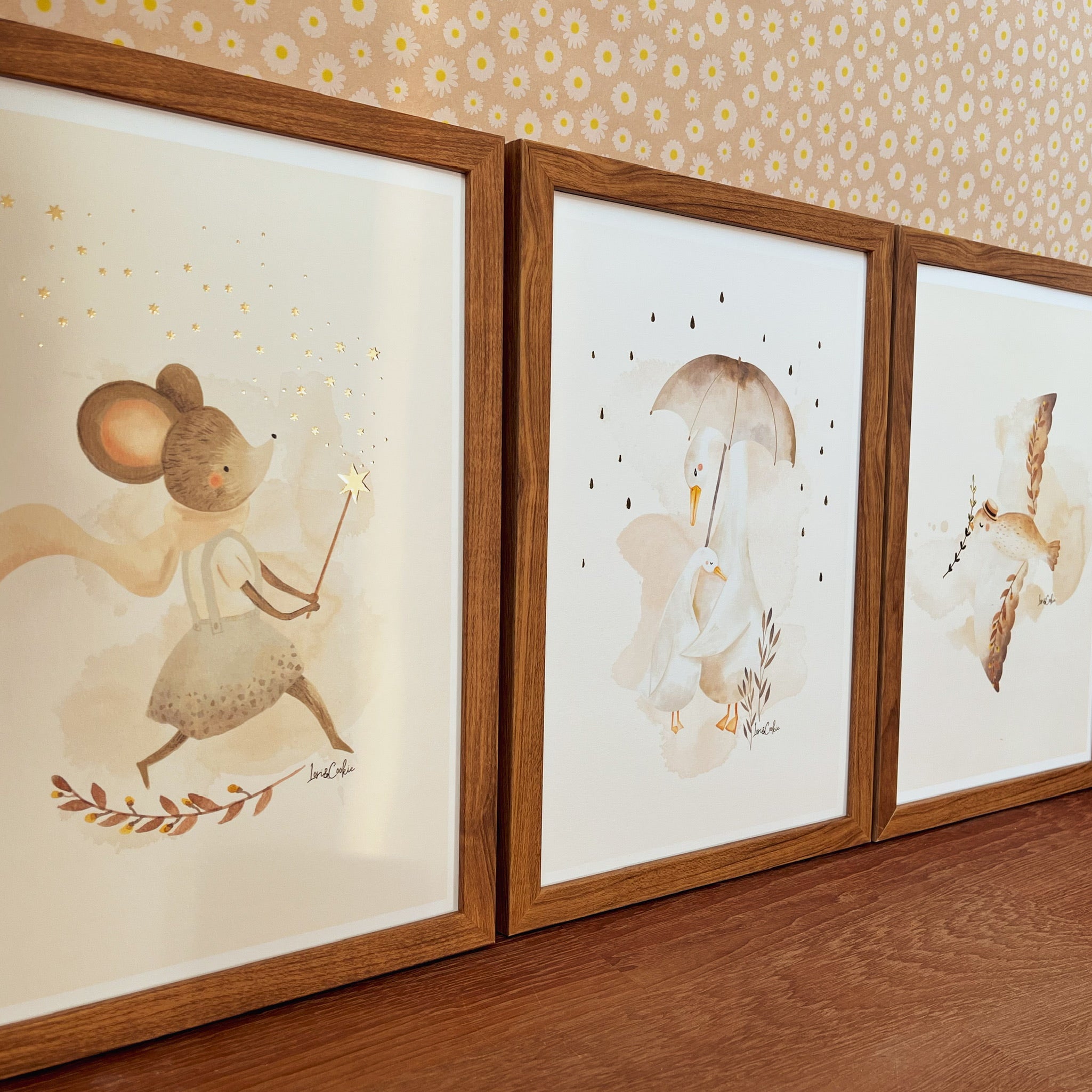 Goudfolie kinderkamer poster set van 3: Maggie Muis, Bobbie Gans & Vinnie Vogel - A3 & A4