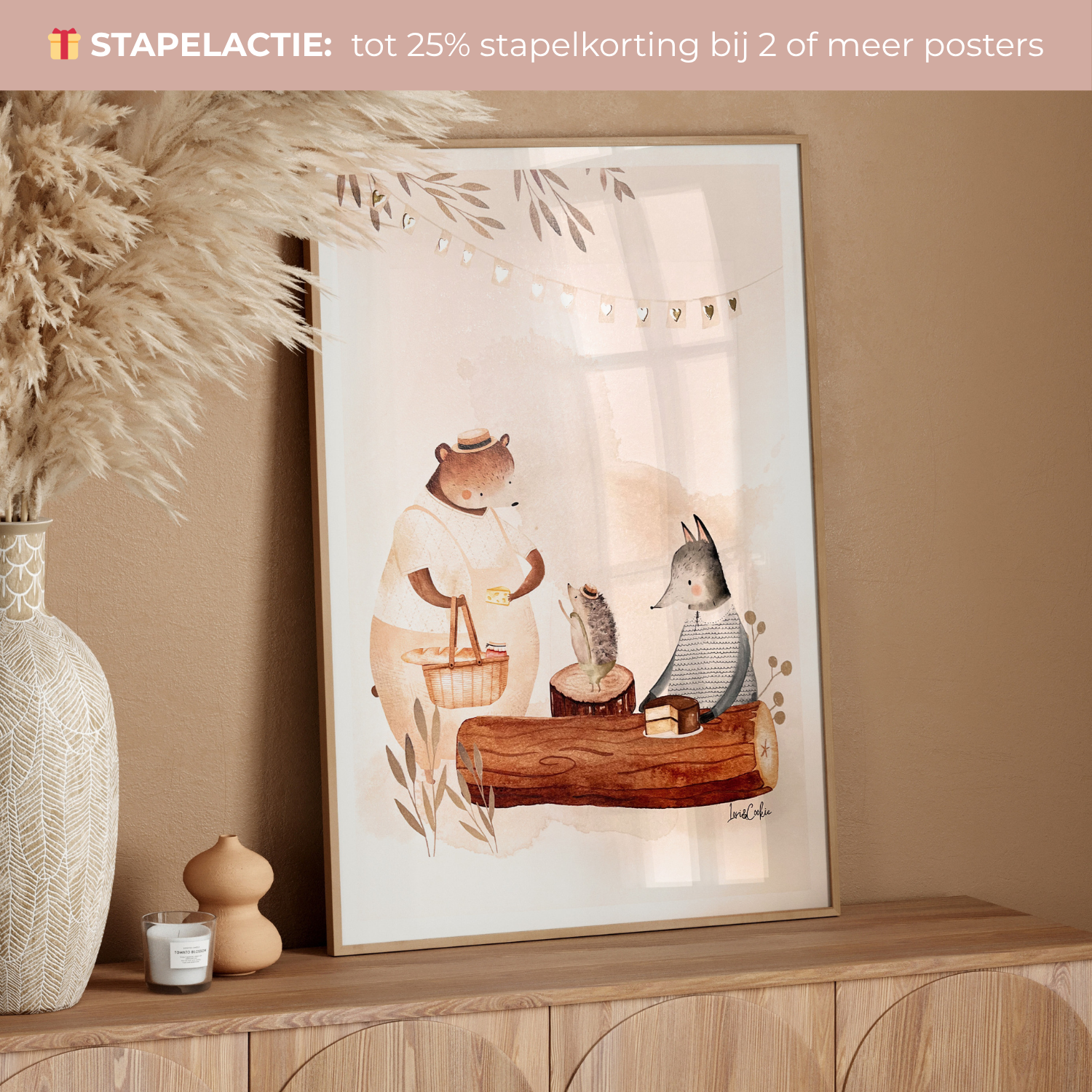 Handgeschilderde kinderkamer poster met goudfolie – "De Vriendenpicknick" (A3/A4)
