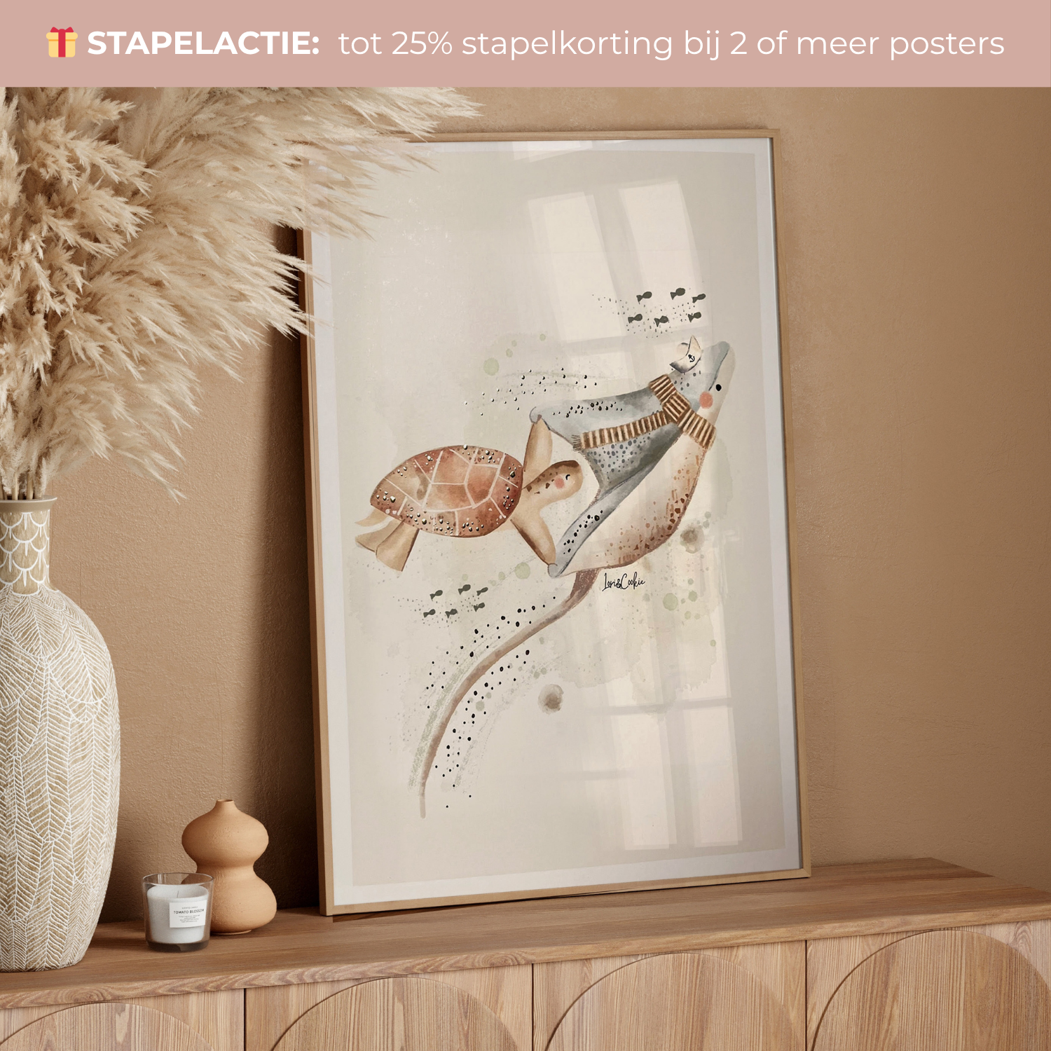Handgeschilderde kinderkamer poster met goudfolie – "Zeedieren: Sammie & Roger" (A3/A4)
