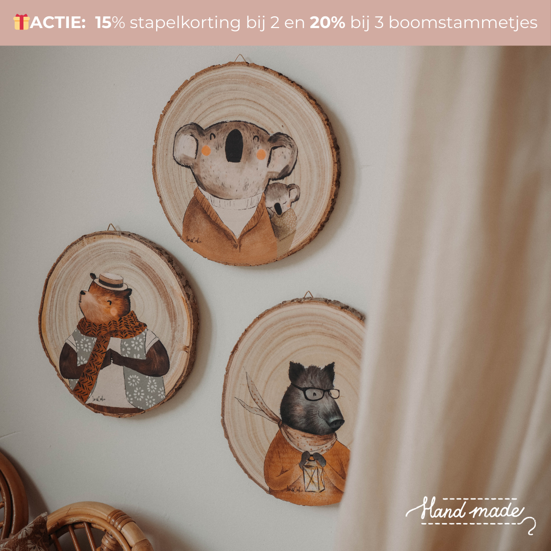 Handgemaakte houten boomstammetjes met dierenillustratie - Ø 20cm