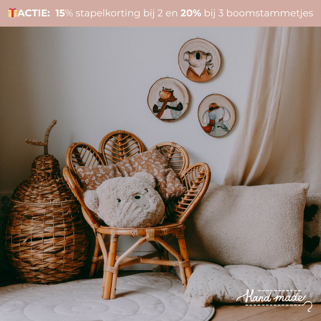 Handgemaakte houten boomstammetjes met dierenillustratie - Ø 20cm