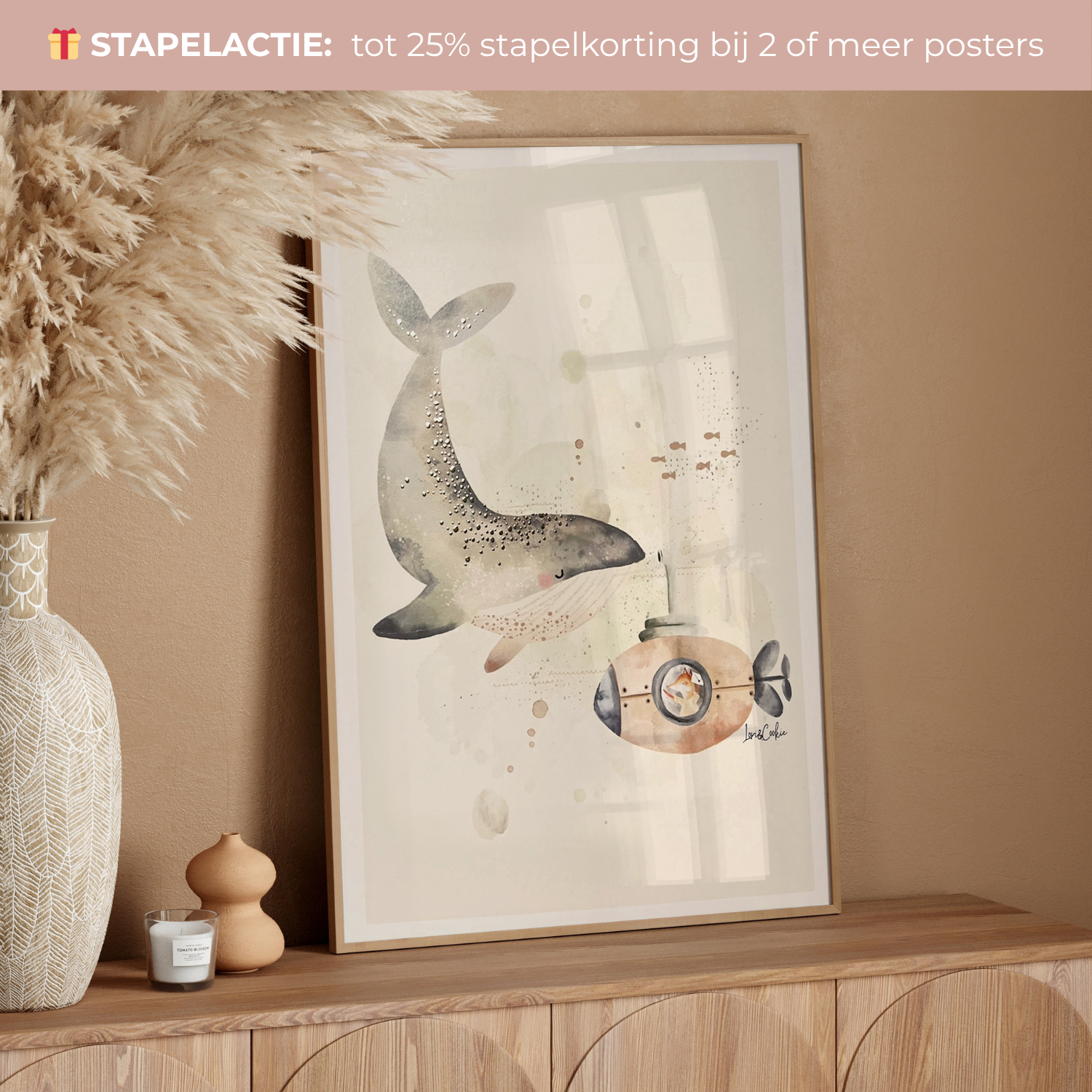 Handgeschilderde kinderkamer poster met goudfolie – "Zeedieren: Wally Walvis" (A3/A4)