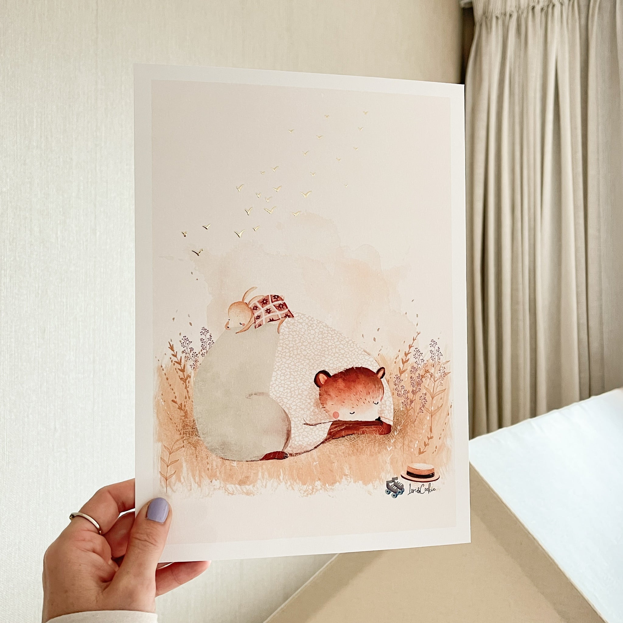 Handgeschilderde kinderkamer poster met goudfolie – "Het Middagdutje" (A3/A4)