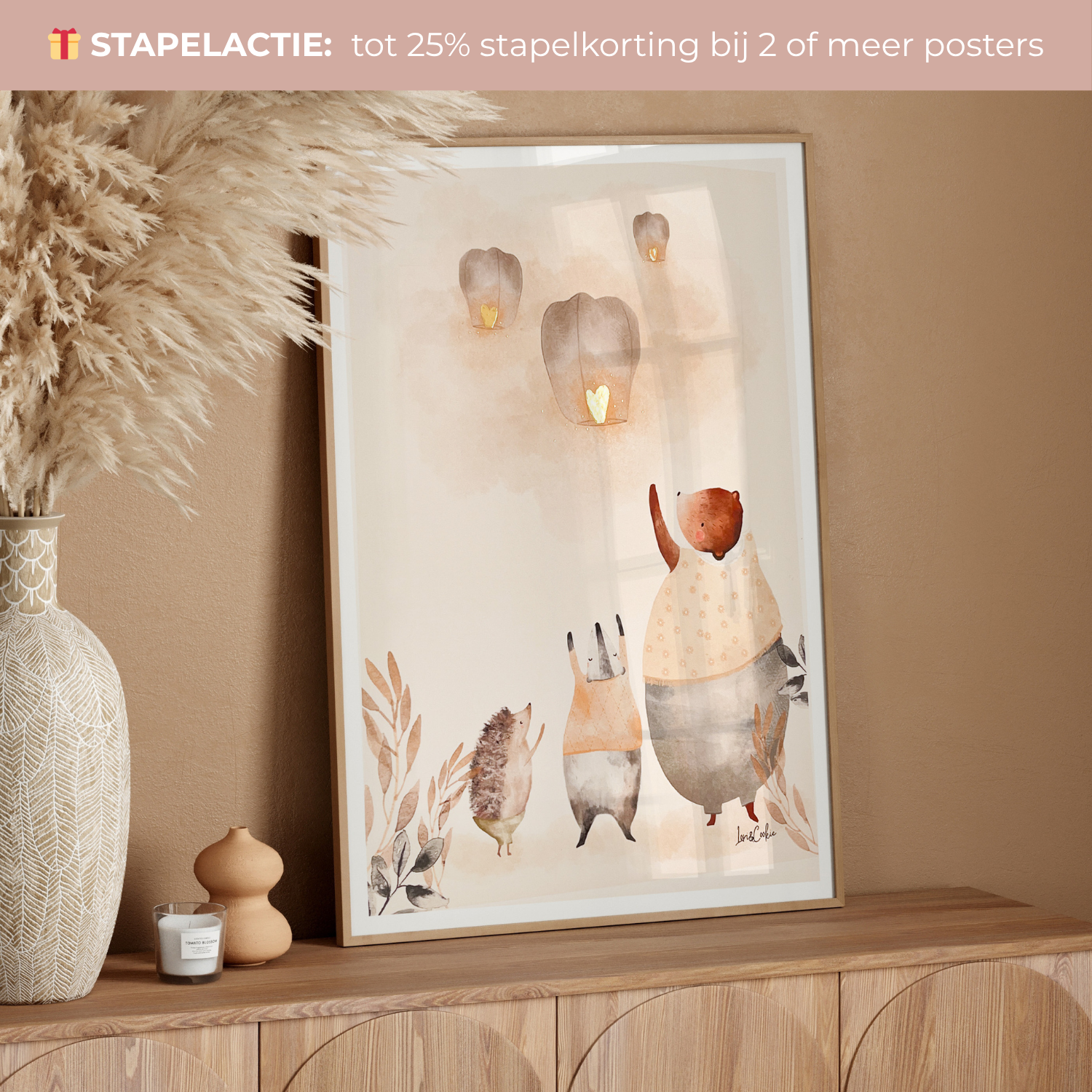 Handgeschilderde kinderkamer poster met goudfolie – "De Wensballonnen" (A3/A4)