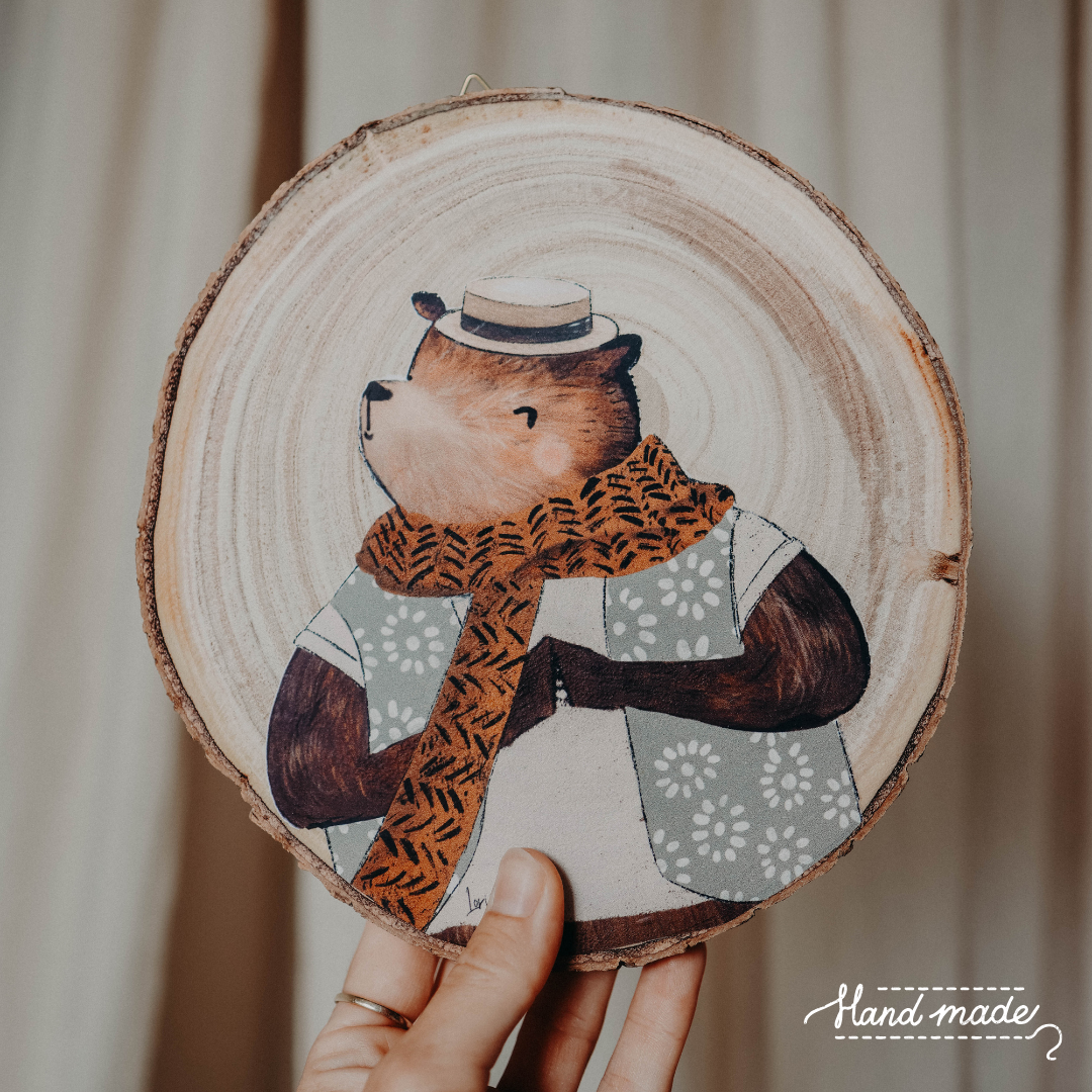 Handgemaakte houten boomstammetjes met dierenillustratie - Ø 20cm