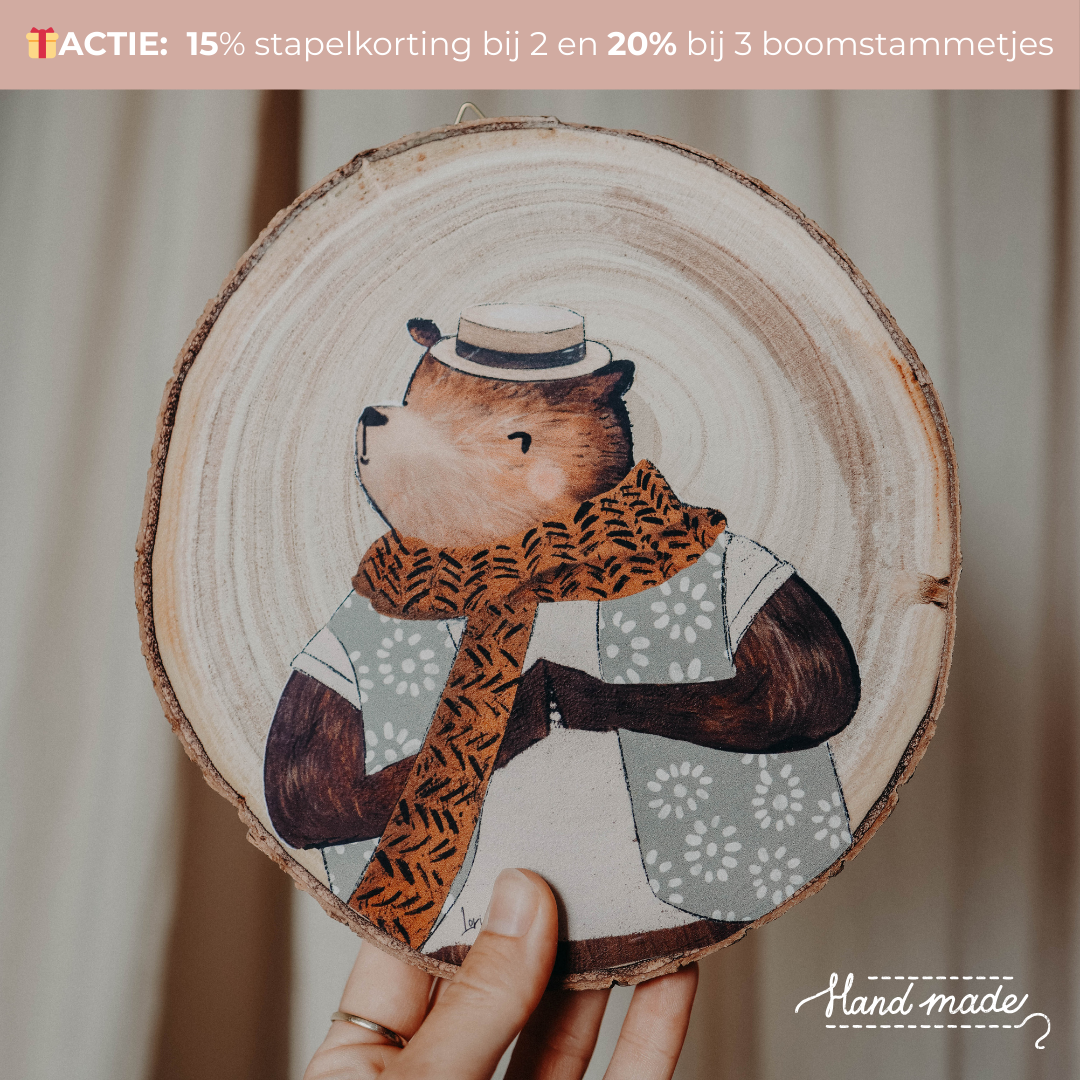 Handgemaakte houten boomstammetjes met dierenillustratie - Ø 20cm