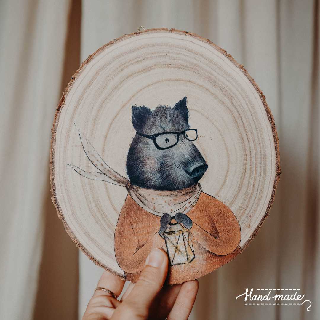 Handgemaakte houten boomstammetjes met dierenillustratie - Ø 20cm