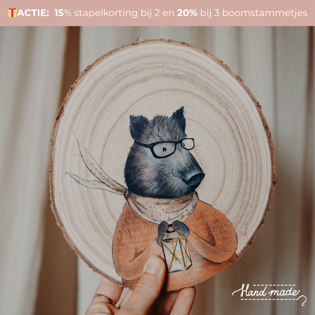 Handgemaakte houten boomstammetjes met dierenillustratie - Ø 20cm