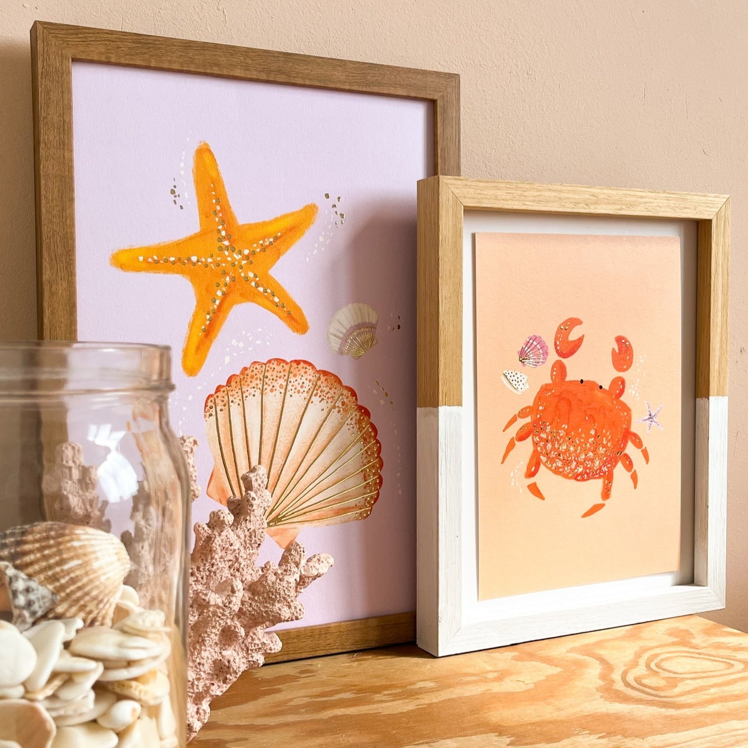 Goudfolie kinderkamer poster - Schelp & zeester lila 2 - 21x30 (A4)