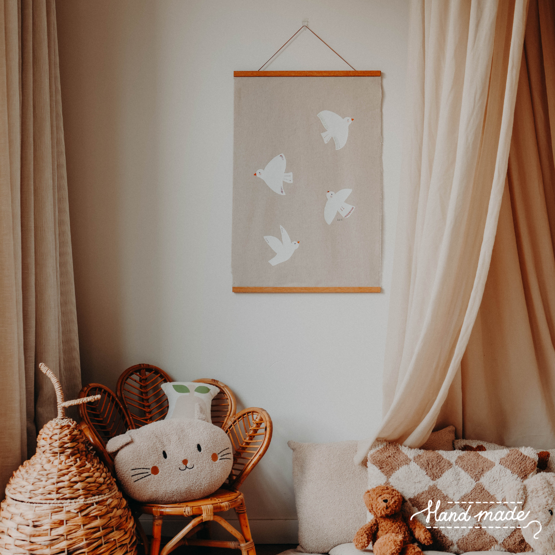 Handgemaakt kinderkamer wandkleed vogels XXL – linnen/katoen - 50x75cm