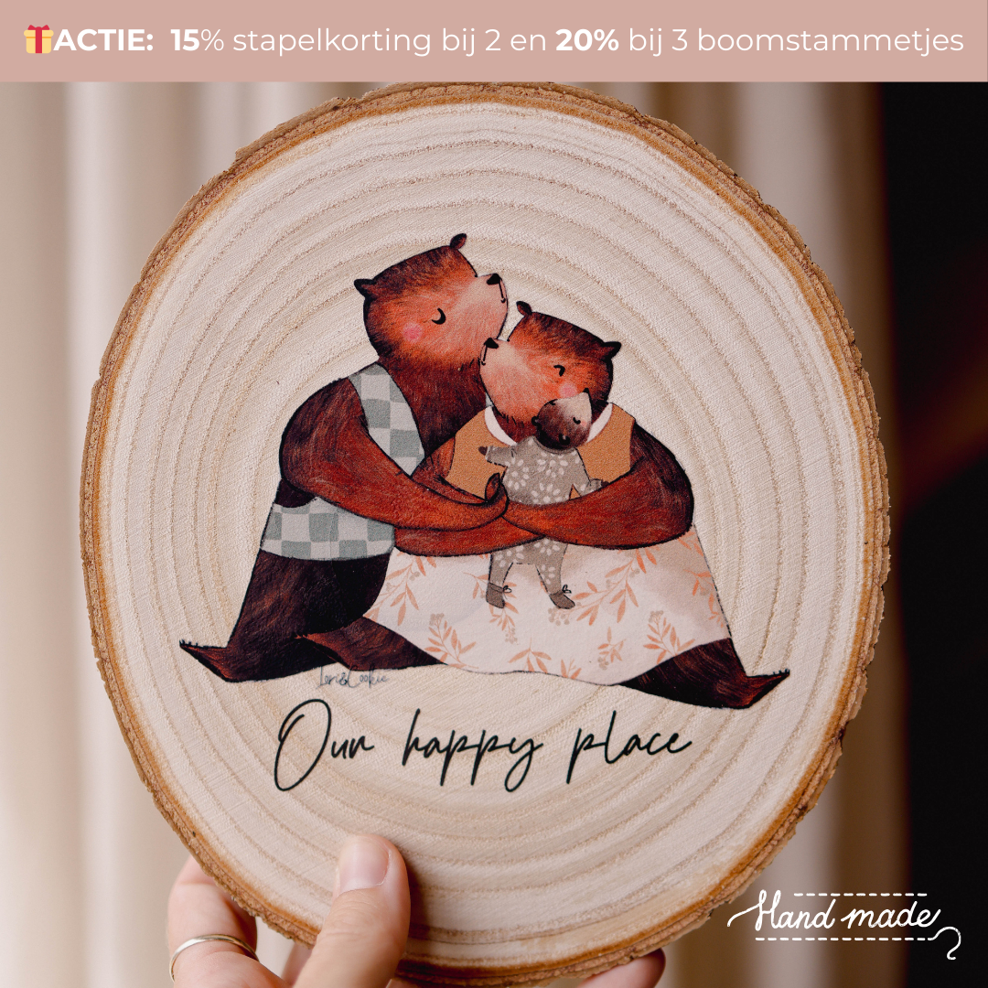 Handgemaakte houten boomstammetjes met berenfamilie illustratie - Ø 20cm