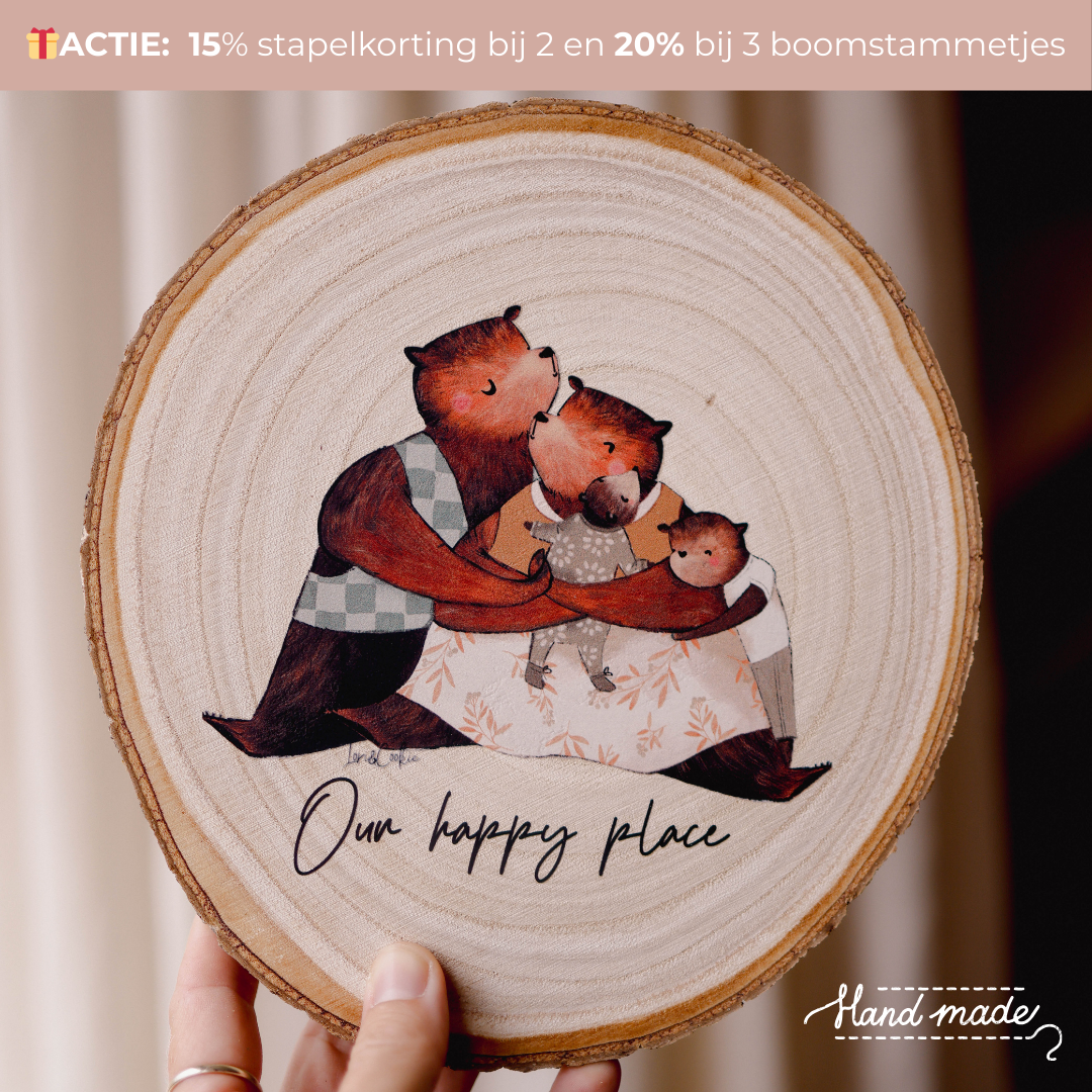 Handgemaakte houten boomstammetjes met berenfamilie illustratie - Ø 20cm