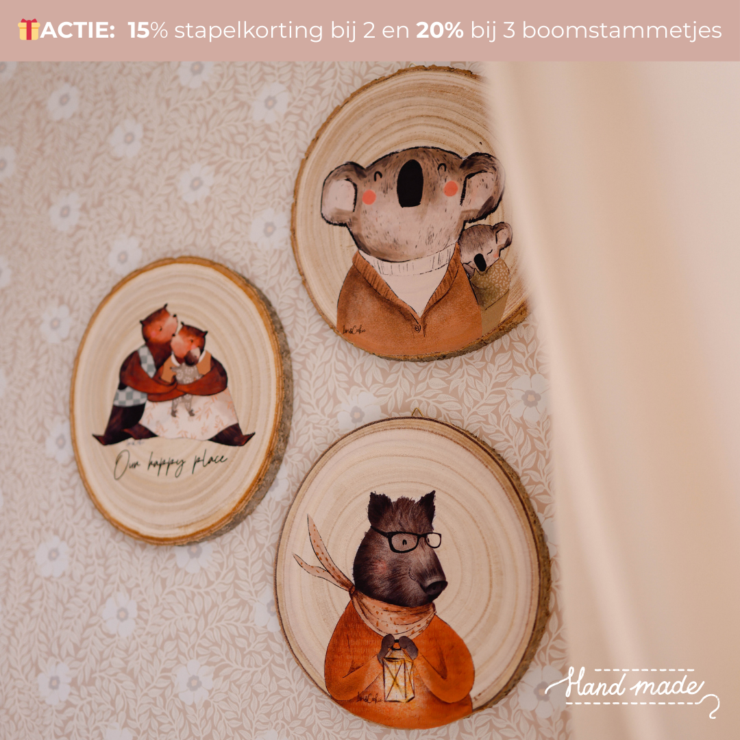 Handgemaakte houten boomstammetjes met berenfamilie illustratie - Ø 20cm