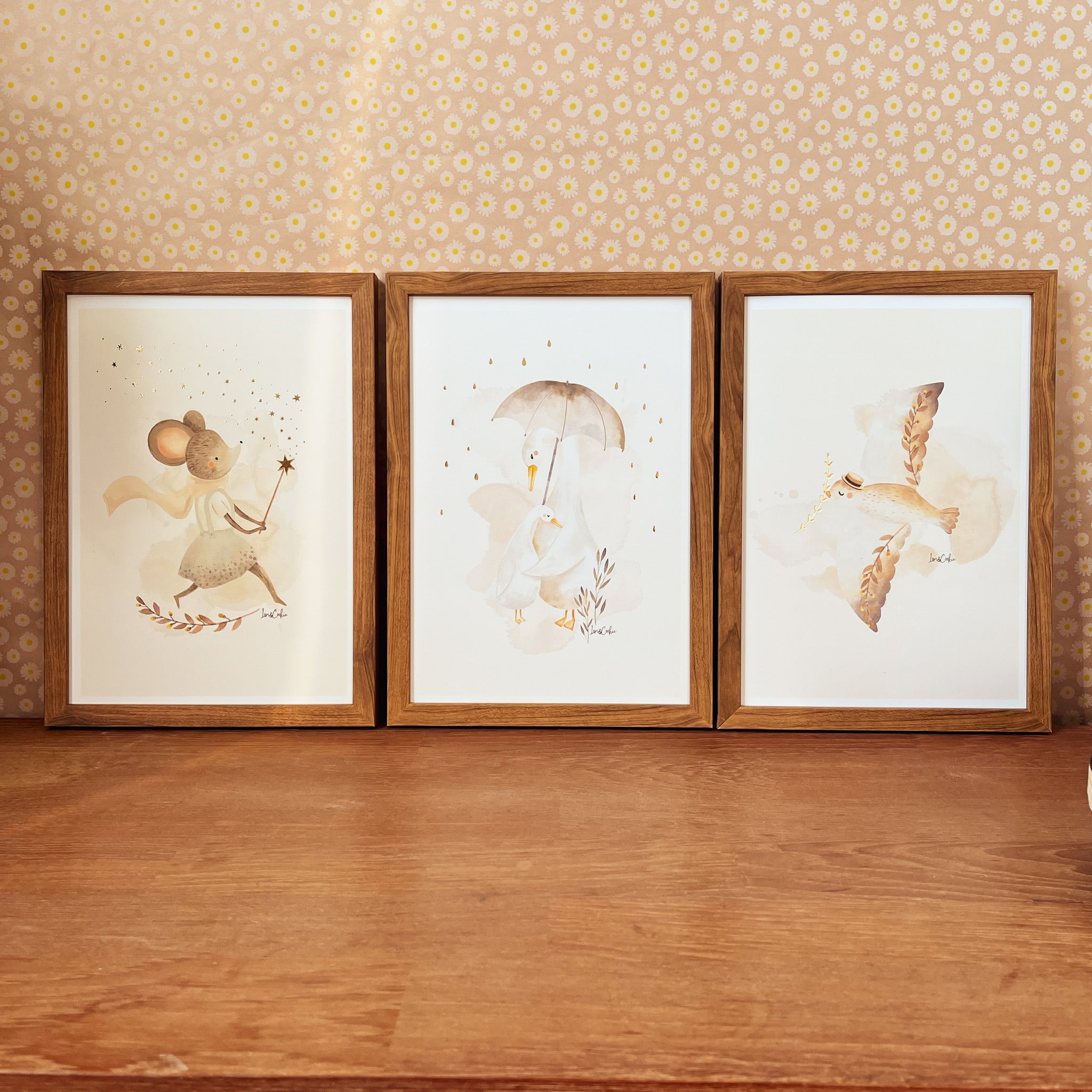 Goudfolie kinderkamer poster set van 3: Maggie Muis, Bobbie Gans & Vinnie Vogel