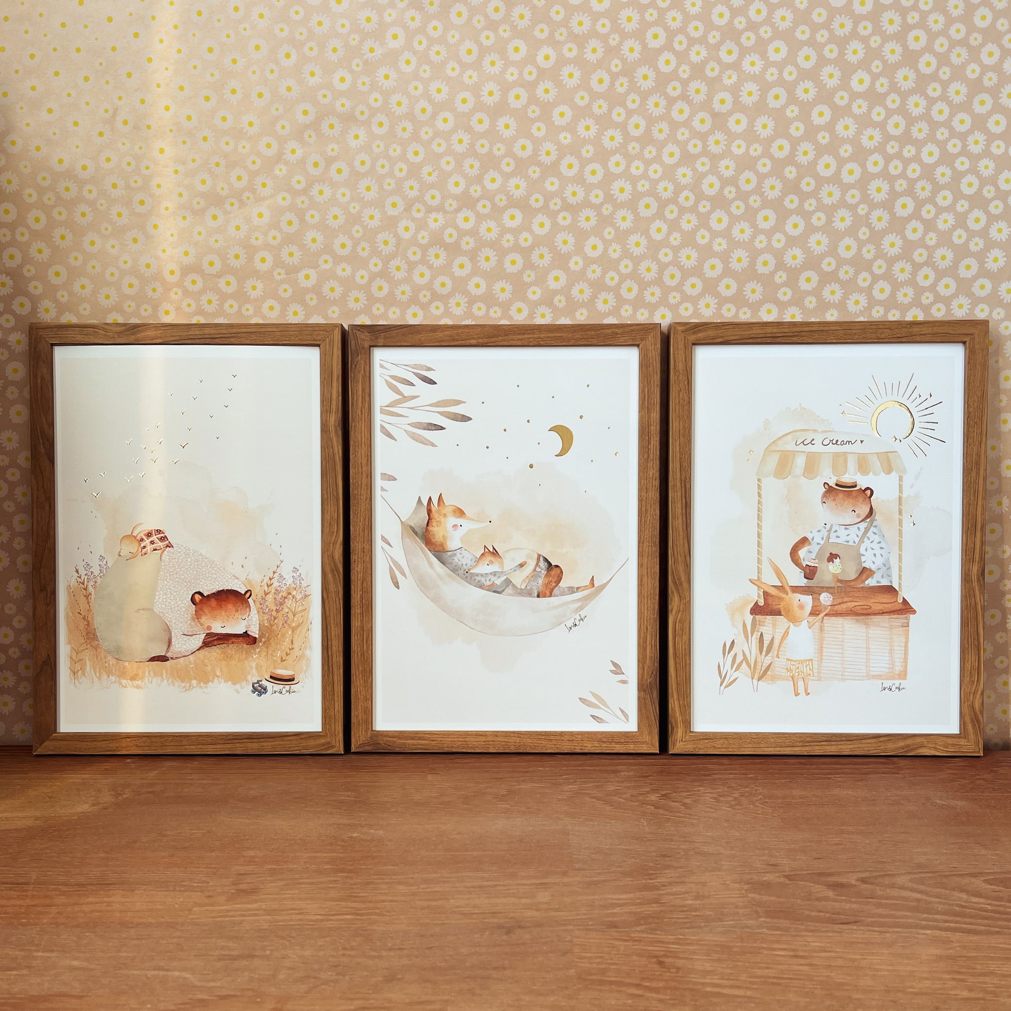 Goudfolie kinderkamer poster set van 3: Het Middagdutje, Vicky Vos & De Ijsco kar - A3 & A4