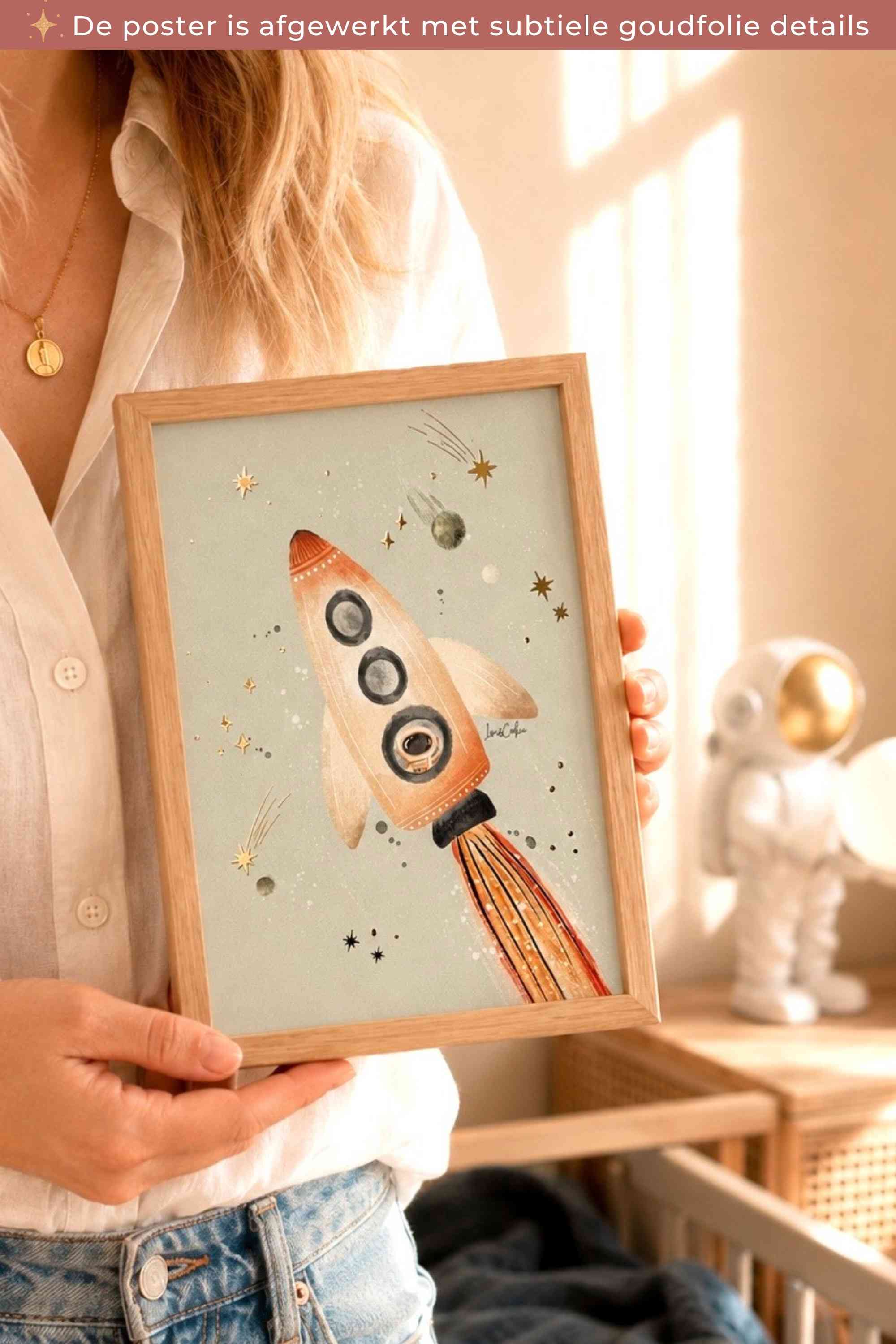 Goudfolie kinderkamer poster - Raket 15x21cm (A5)