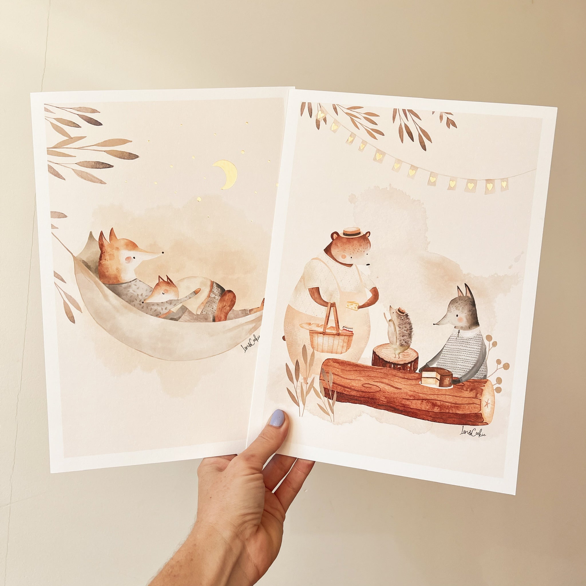Goudfolie kinderkamer poster set van 2: "Papa en Vicky Vos" & "De Picknick"