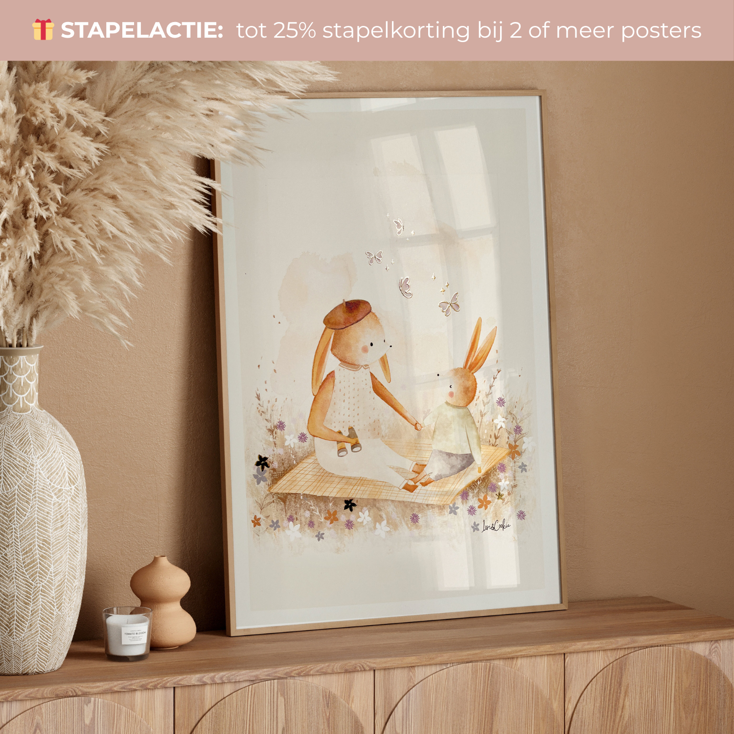 Handgeschilderde kinderkamer poster met goudfolie – "Mama en Mia Konijn" (A3/A4)