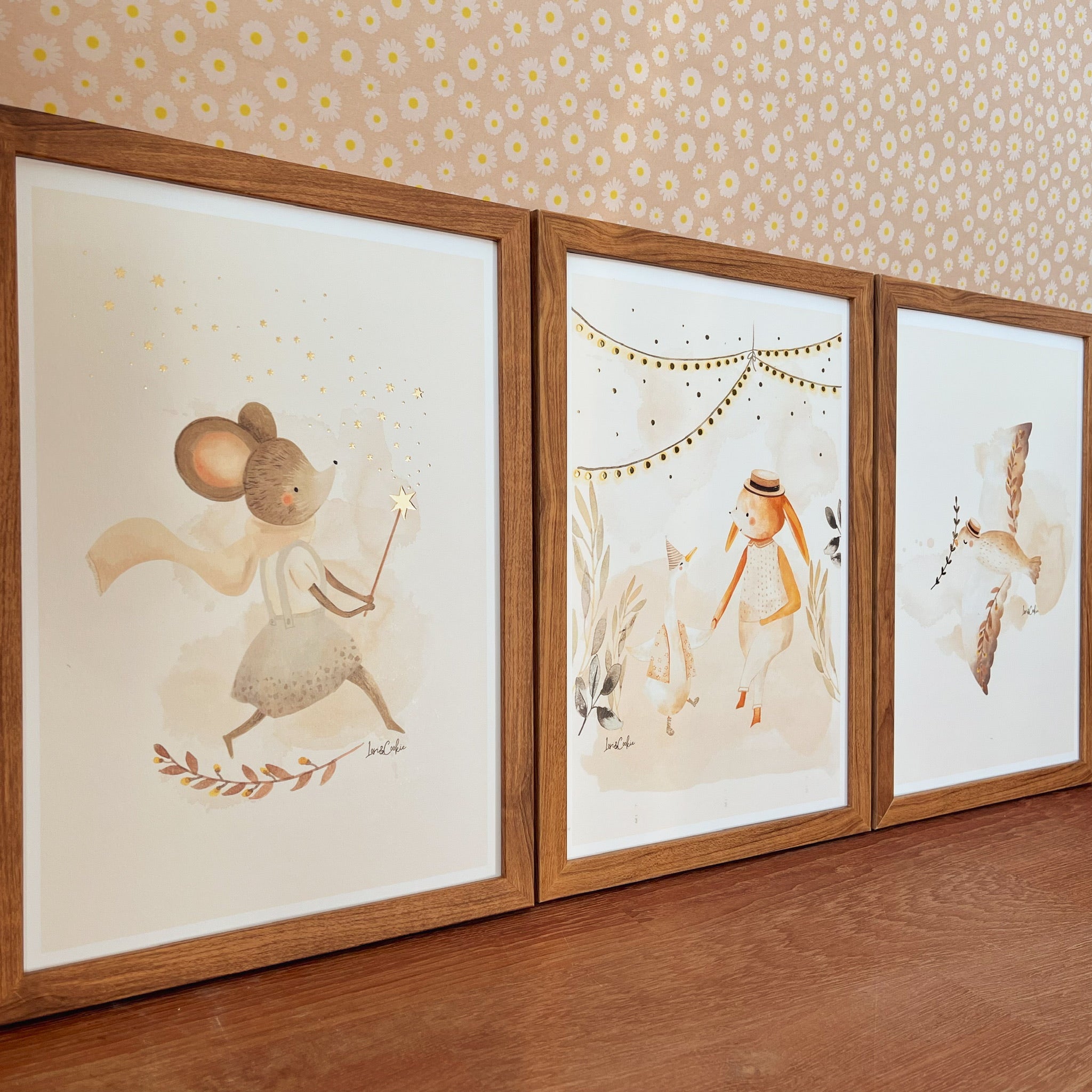 Goudfolie kinderkamer poster set van 3: Maggie Muis, Het Tuinfeestje & Vinnie Vogel - A3 & A4