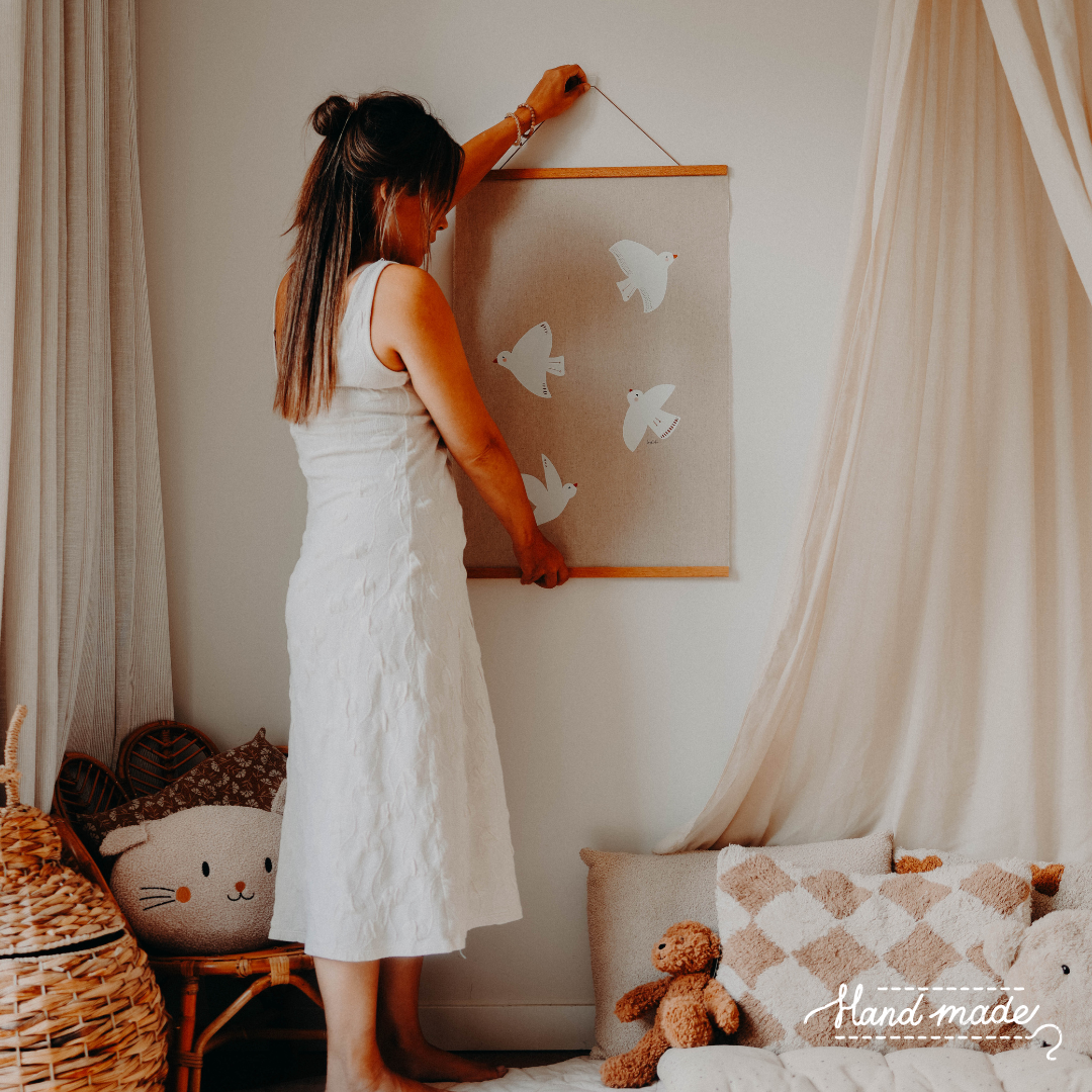 Handgemaakt kinderkamer wandkleed vogels XXL – linnen/katoen - 50x75cm