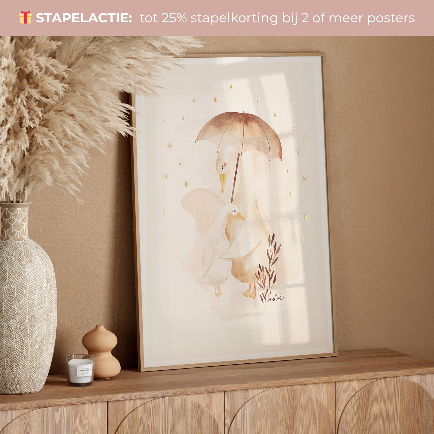 Handgeschilderde kinderkamer poster met goudfolie – "Mama en Bobbie Gans" (A3/A4)