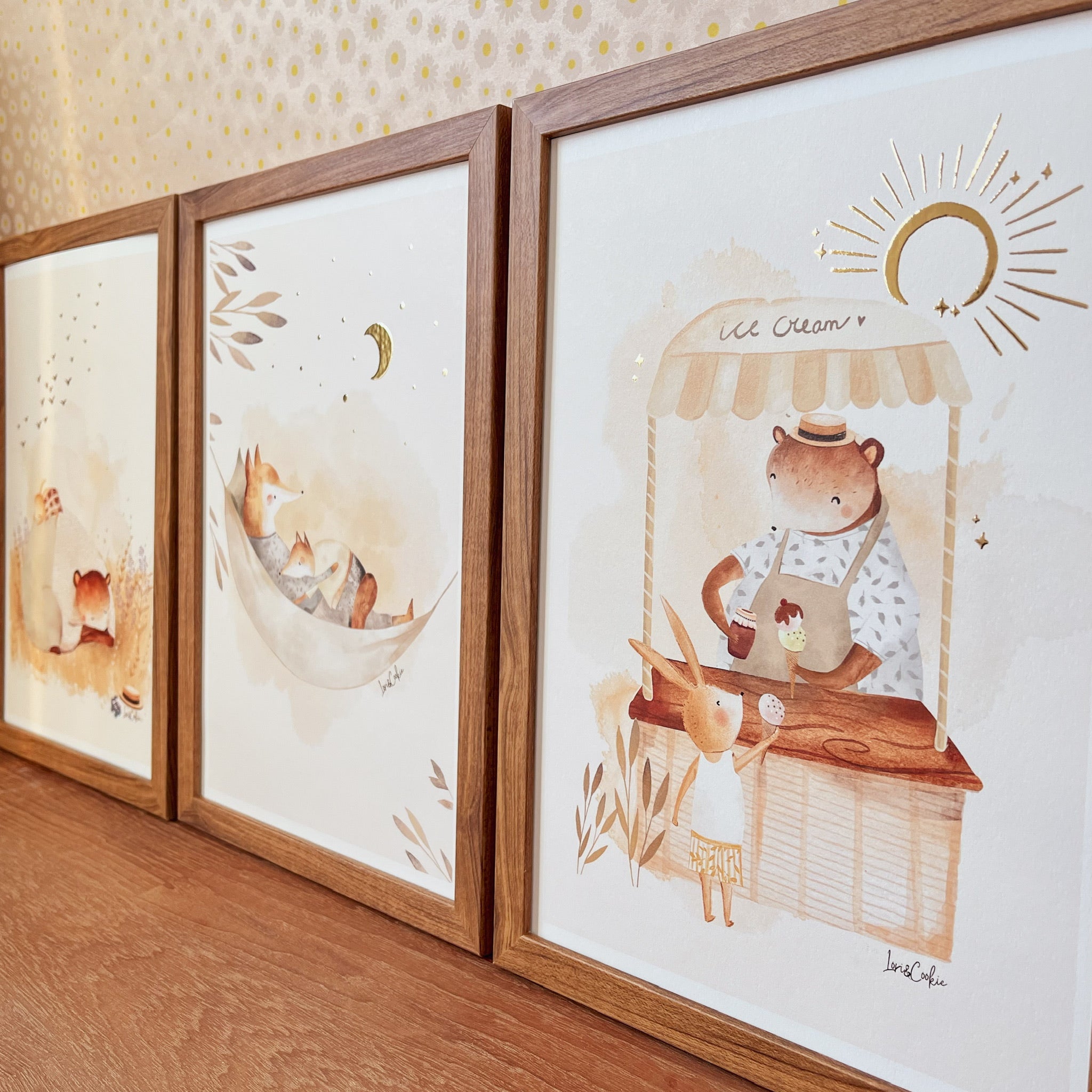 Goudfolie kinderkamer poster set van 3: Het Middagdutje, Vicky Vos & De Ijsco kar - A3 & A4