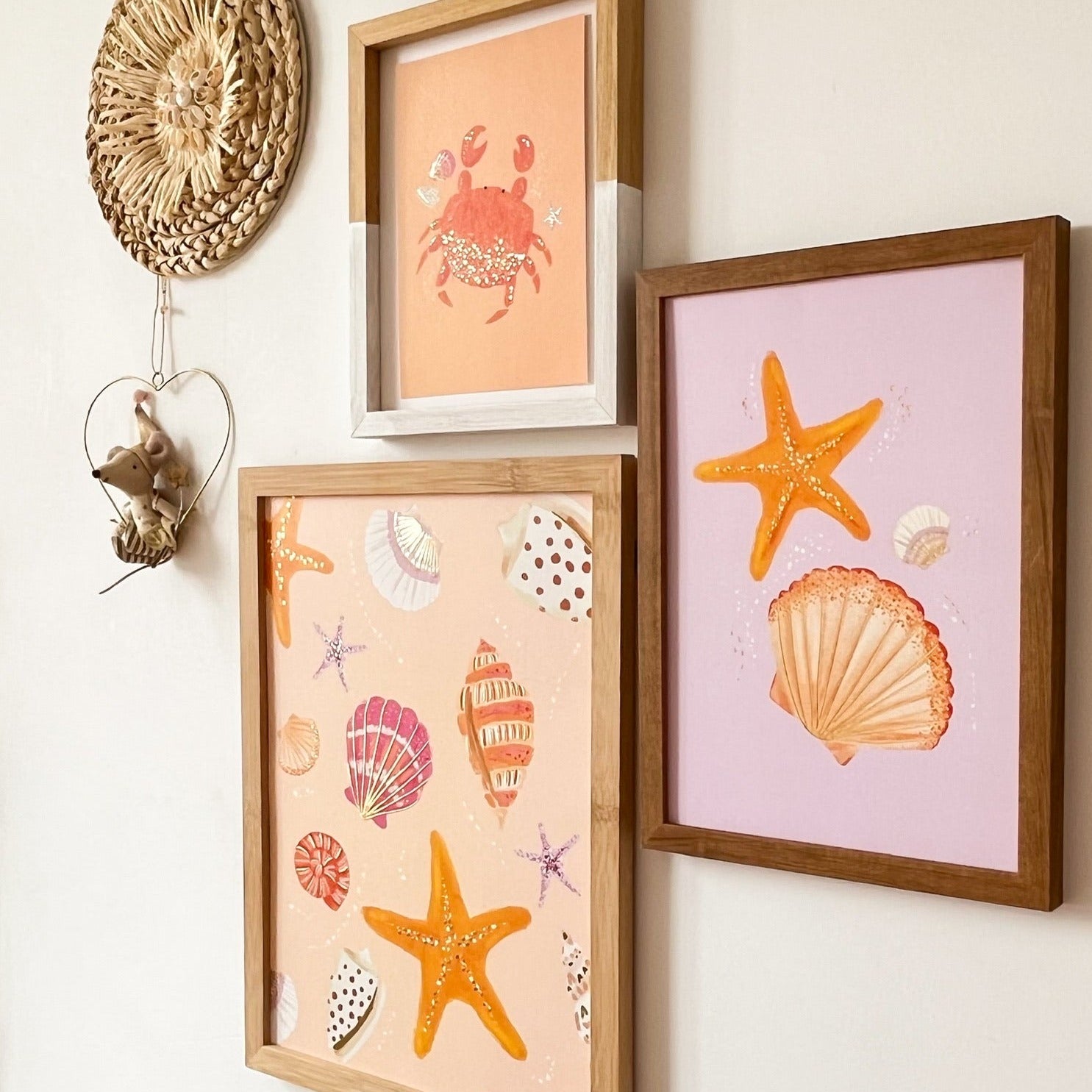 Goudfolie kinderkamer poster - Schelp & zeester lila 2 - 21x30 (A4)