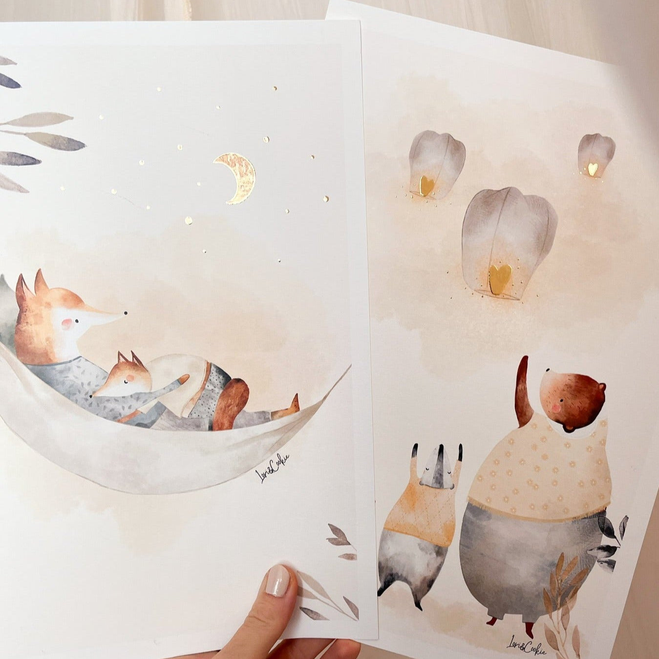Handgeschilderde kinderkamer poster met goudfolie – "De Wensballonnen" (A3/A4)