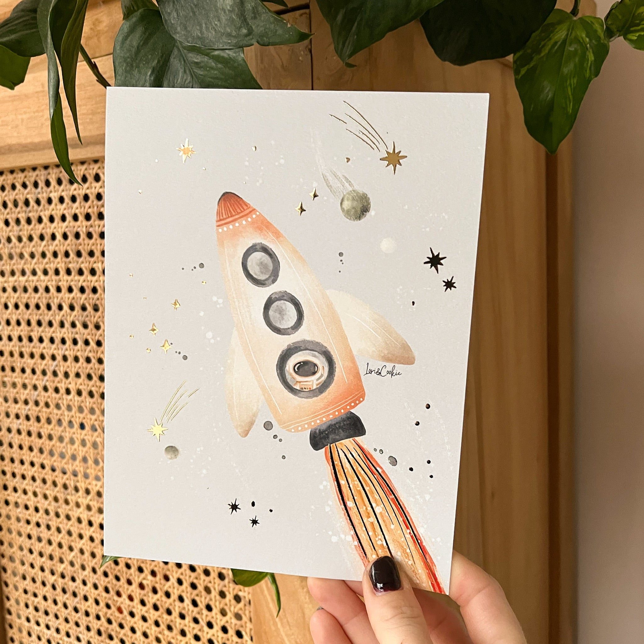 Goudfolie kinderkamer poster - Raket 15x21cm (A5)