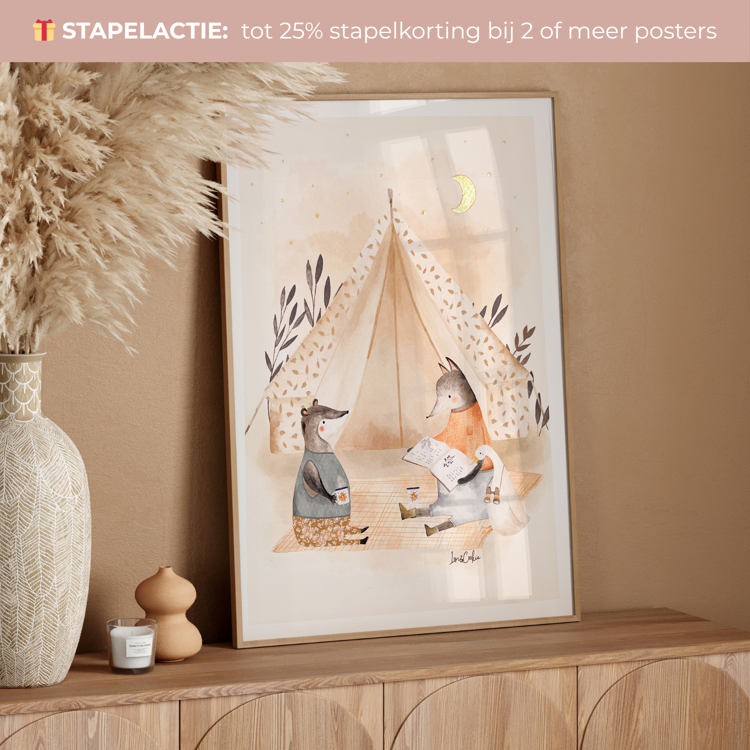 Handgeschilderde kinderkamer poster met goudfolie – "Het Kampeeravontuur" (A3/A4)