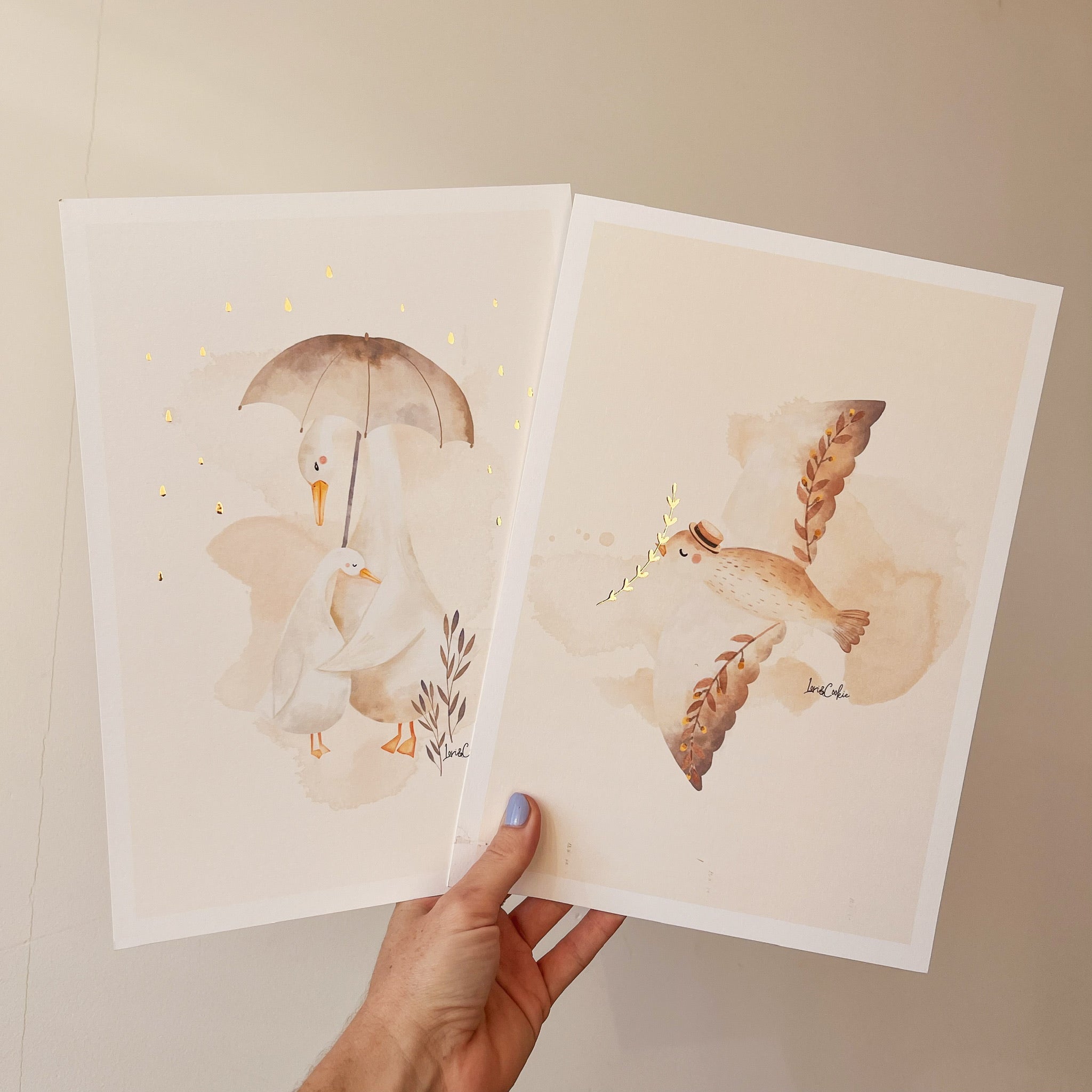 Goudfolie kinderkamer poster set van 2: "Vinnie Vogel" & "Bobbie Gans"