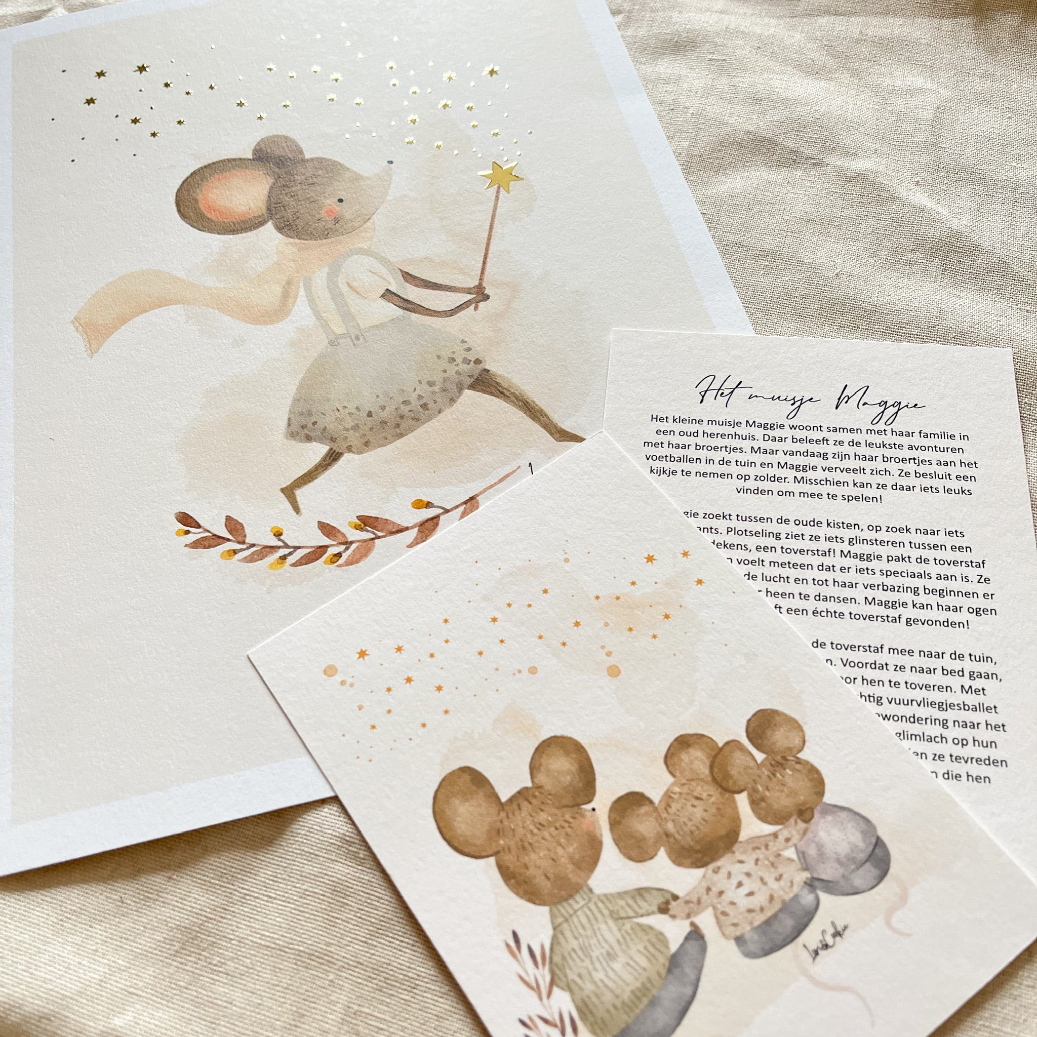 Goudfolie kinderkamer poster set van 3: Maggie Muis, Het Tuinfeestje & Vinnie Vogel