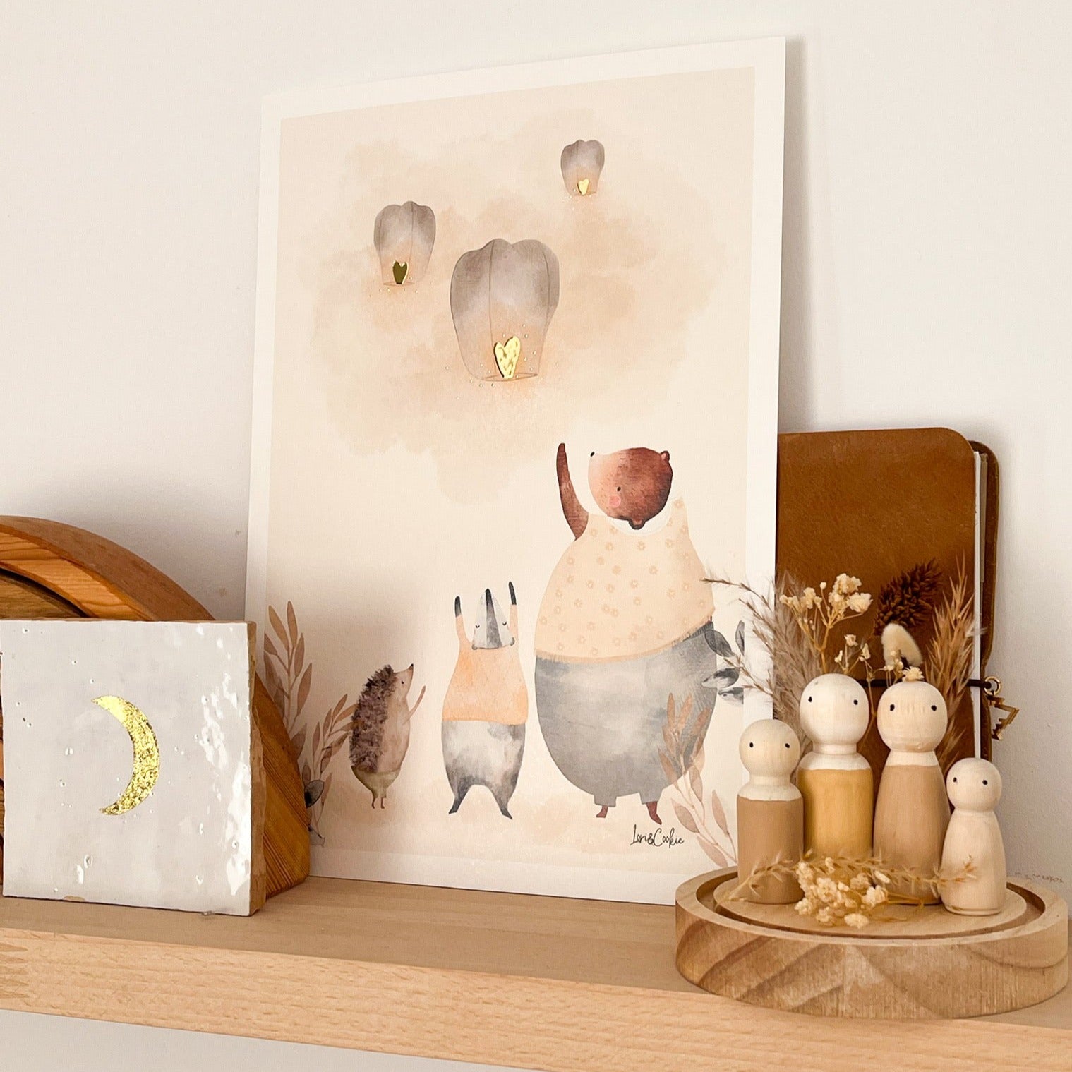 Handgeschilderde kinderkamer poster met goudfolie – "De Wensballonnen" (A3/A4)