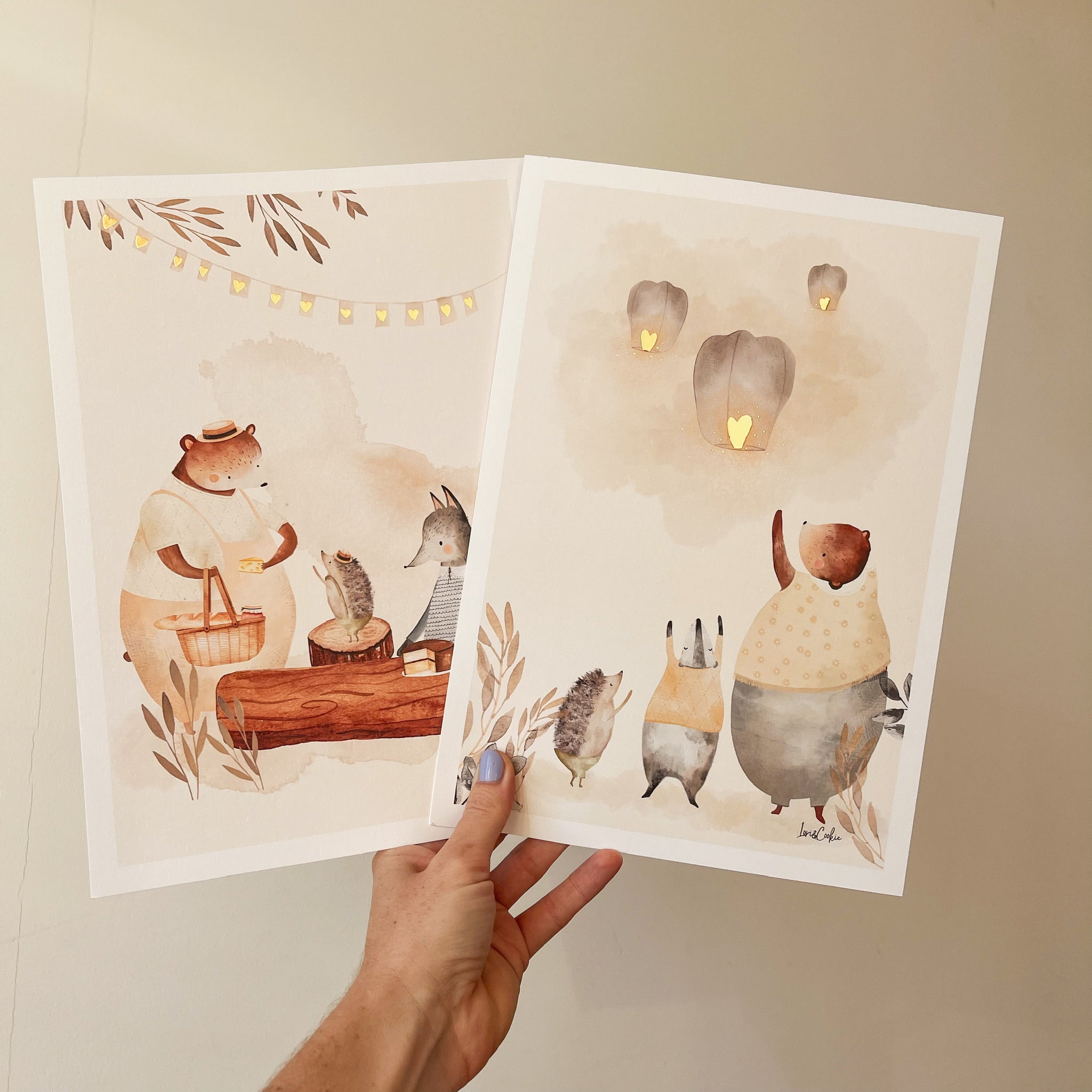 Goudfolie kinderkamer poster set van 2: "De Wensballonnen" & "De Picknick"