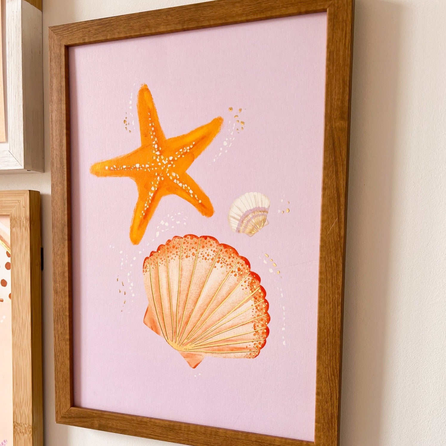 Goudfolie kinderkamer poster - Schelp & zeester lila 2 - 21x30 (A4)