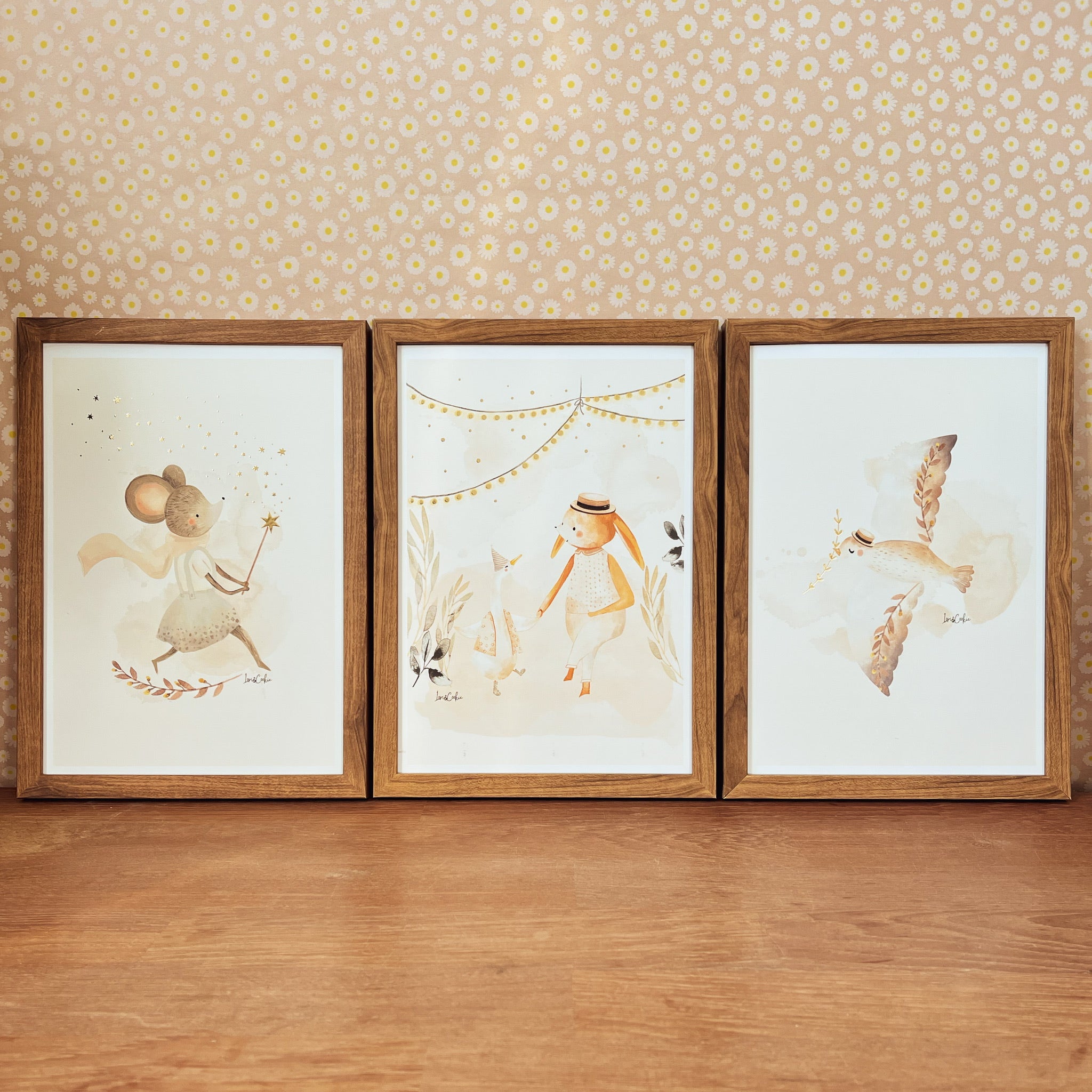 Goudfolie kinderkamer poster set van 3: Maggie Muis, Het Tuinfeestje & Vinnie Vogel