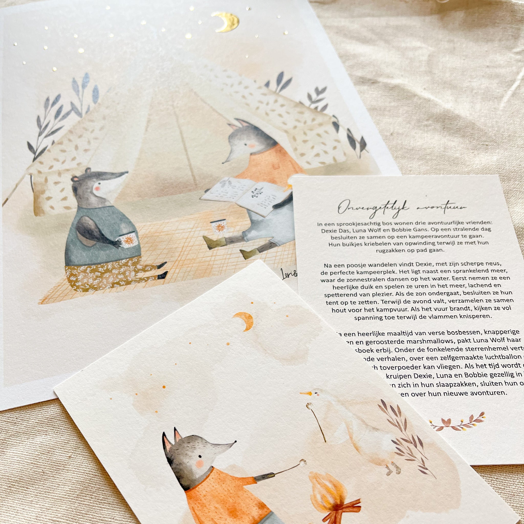 Goudfolie kinderkamer poster set van 2: "De Wensballonnen & Het Kampeeravontuur" - A3 & A4