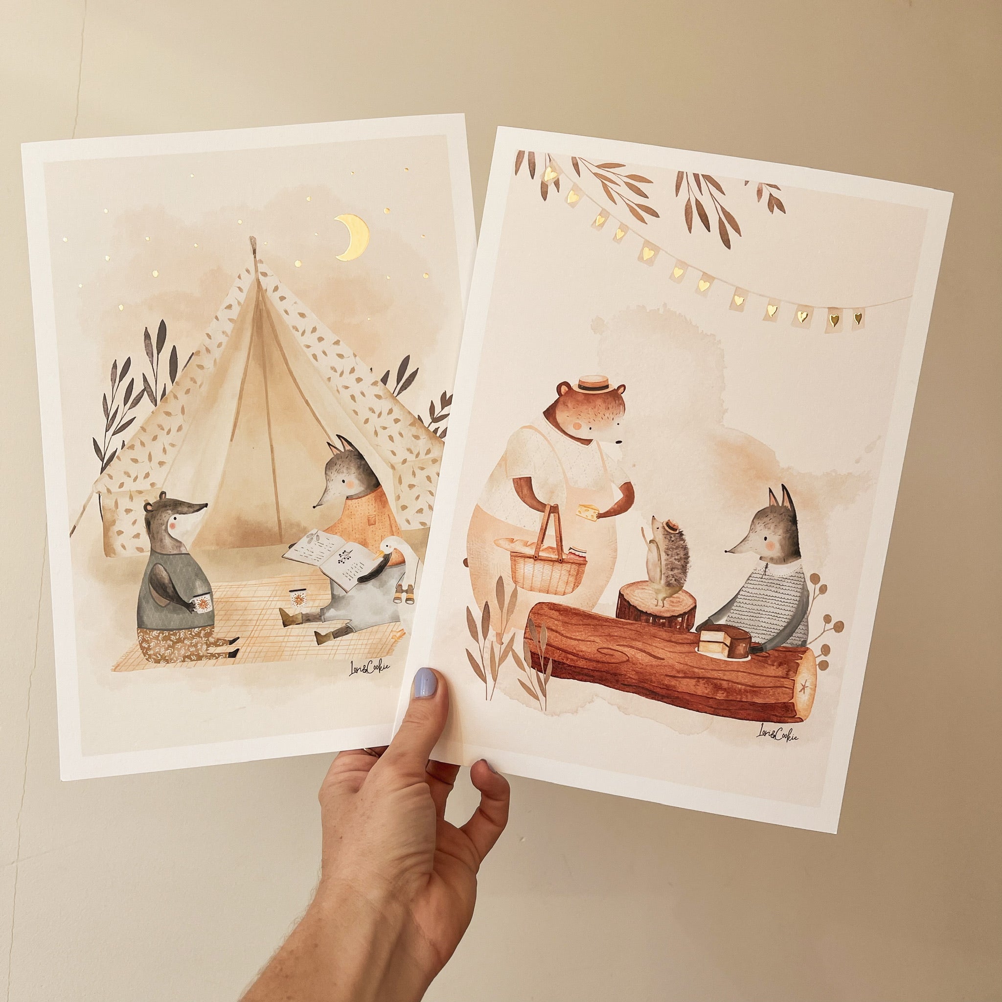 Goudfolie kinderkamer poster set van 2: "Het Kampeeravontuur" & "De Picknick" - A3 & A4
