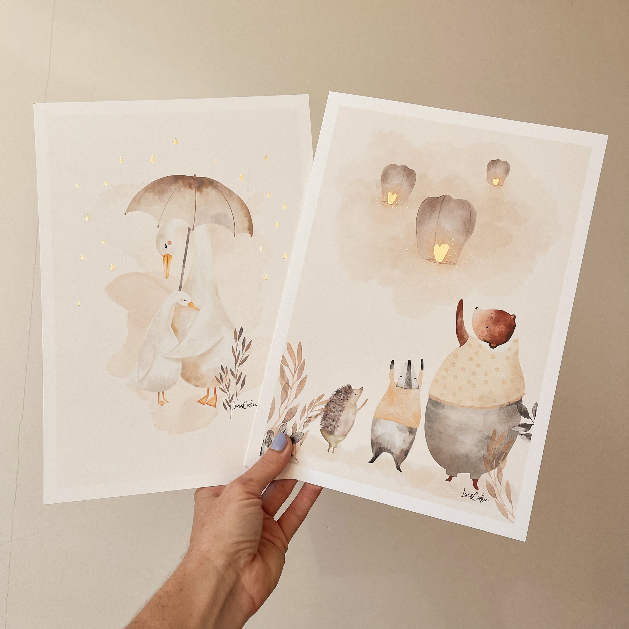 Goudfolie kinderkamer poster set van 2: "Bobbie Gans" & "De Wensballonnen"