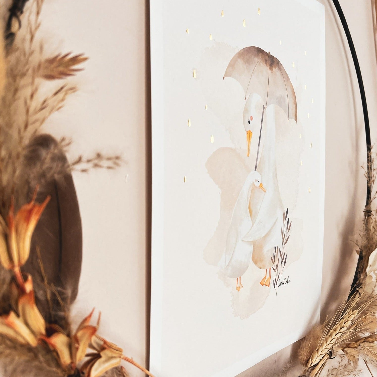 Handgeschilderde kinderkamer poster met goudfolie – "Mama en Bobbie Gans" (A3/A4)
