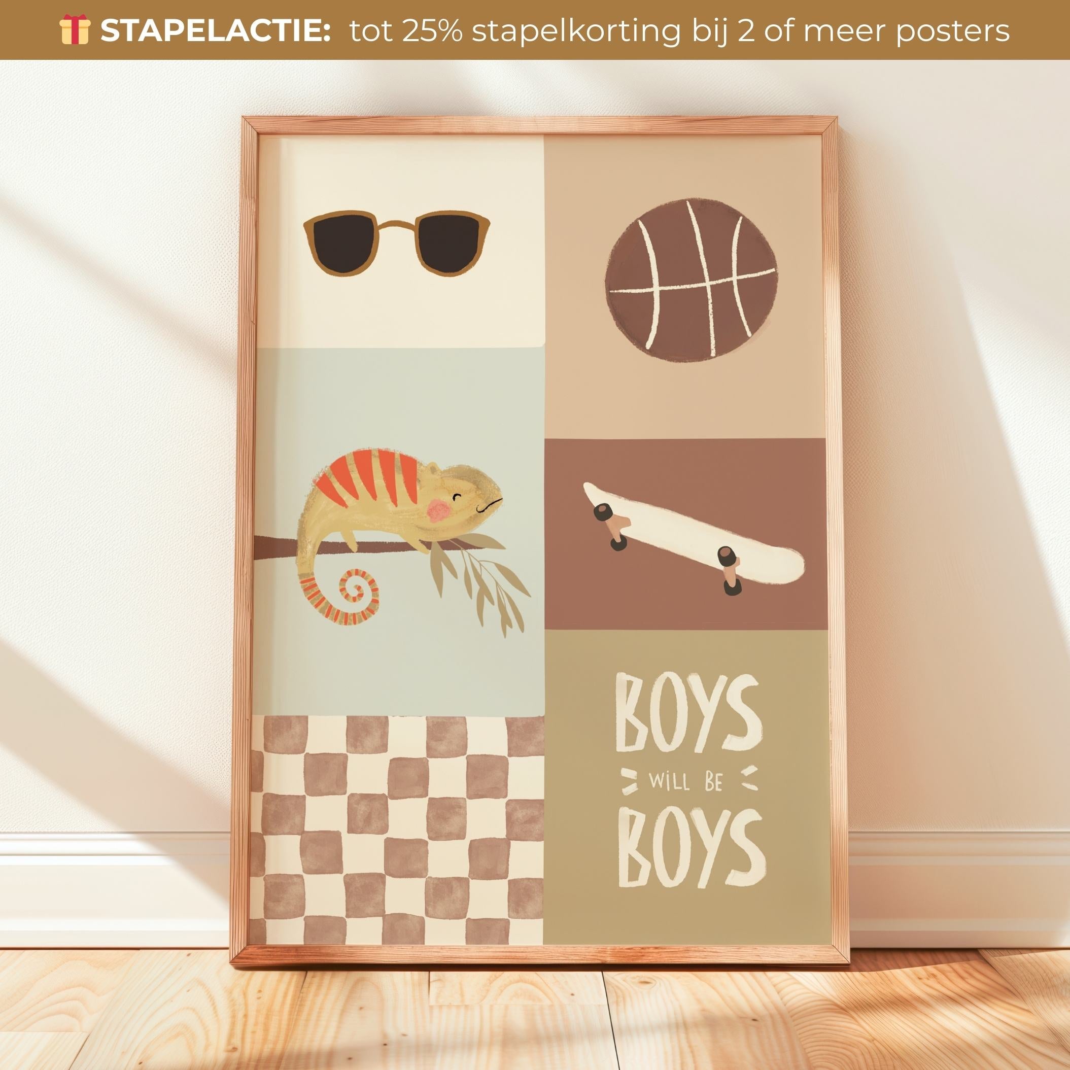 Handgeschilderde Collage Kinderkamer poster met skateboard, kameleon en basketbal