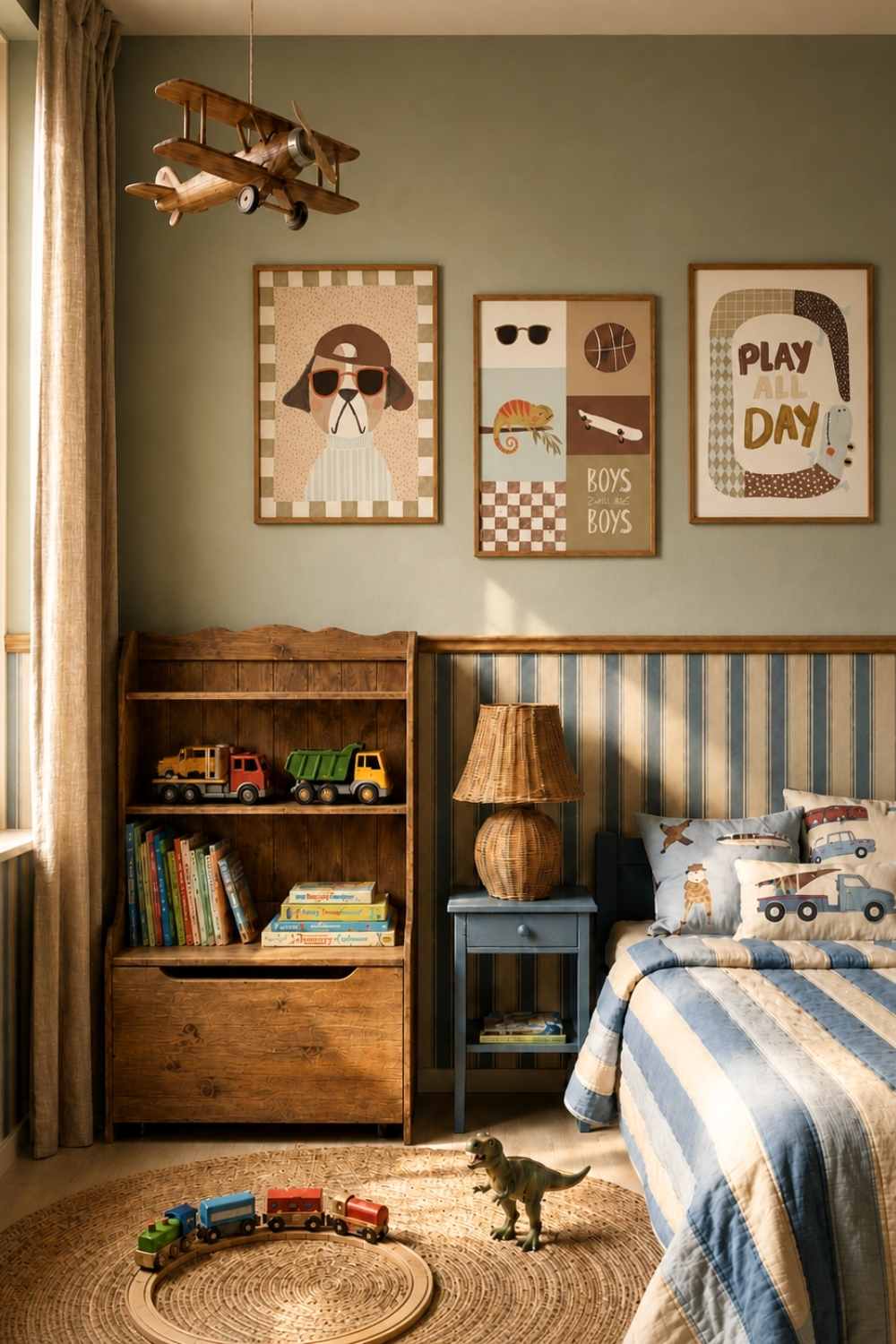 Jongenskamer in groentinten, met blauw gestreepte lambrisering en poster met hond, krokidil en boys letters van Lori & Cookie Kidsdeco