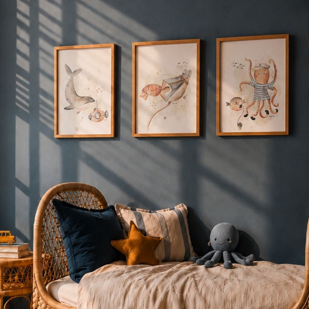 Handgeschilderde kinderkamer poster met goudfolie – Zeedieren: Ollie Octopus