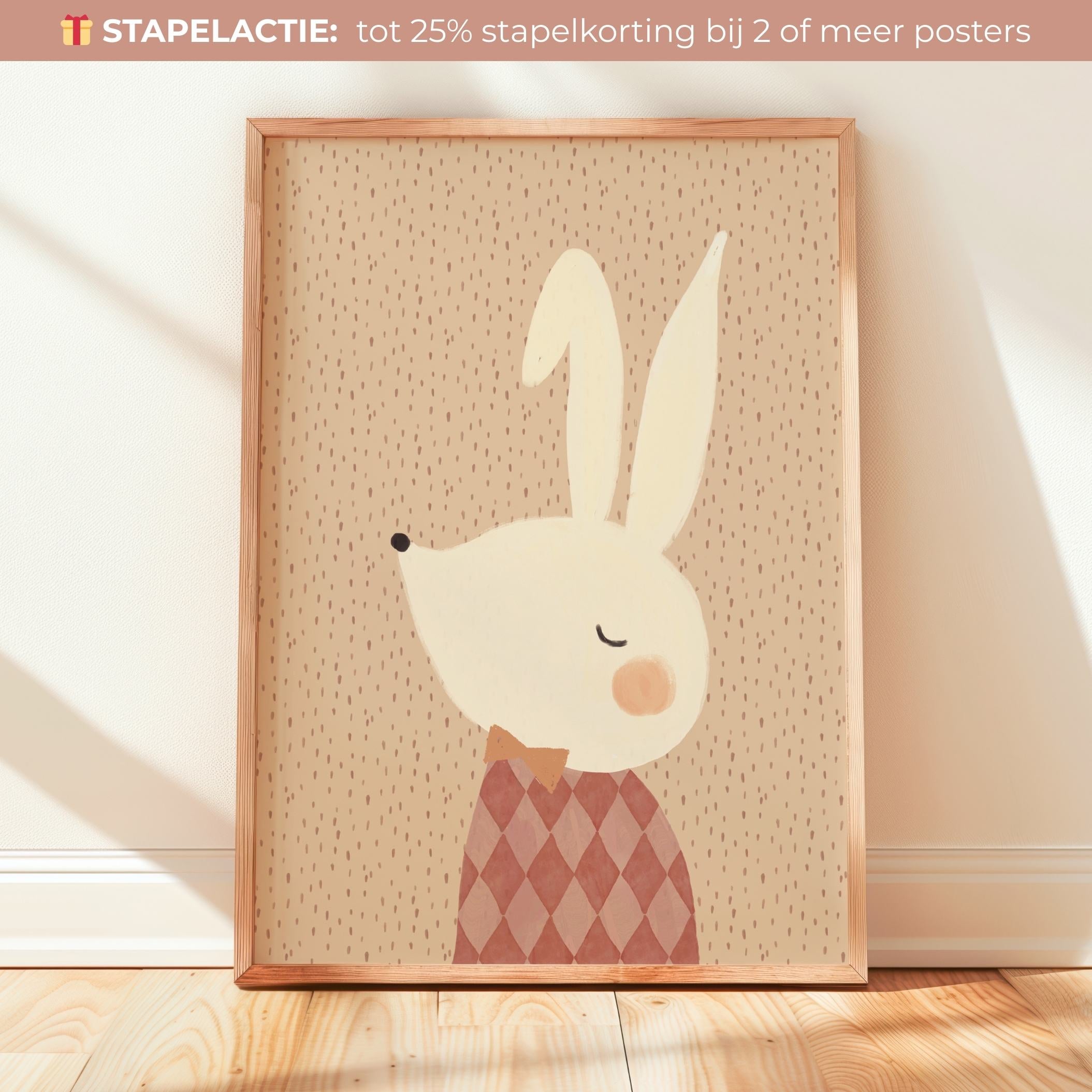 Handgeschilderde Kinderkamer poster met konijn met strikje. Door Lori & Cookie Kidsdeco