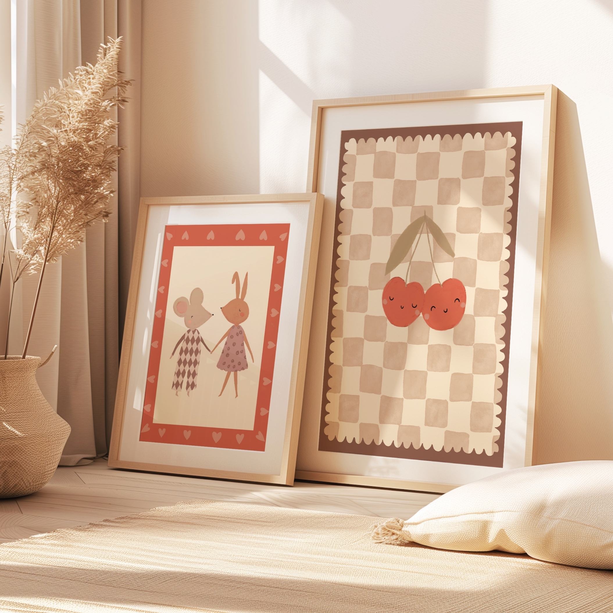 Warme Modern Vintage meisjeskamer met aardse tinten, vintage kast en wavy spiegel.