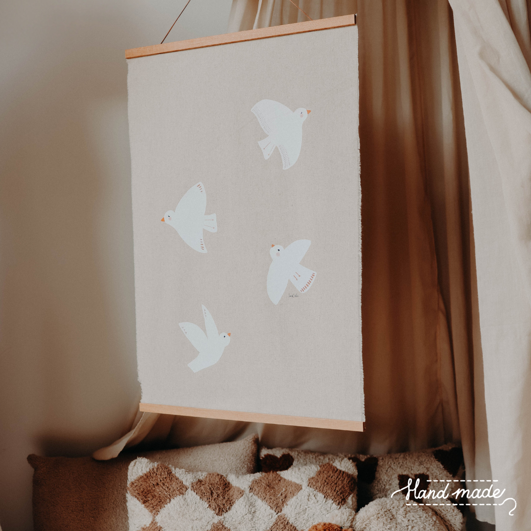 Handgemaakt kinderkamer wandkleed vogels XXL – linnen/katoen - 50x75cm
