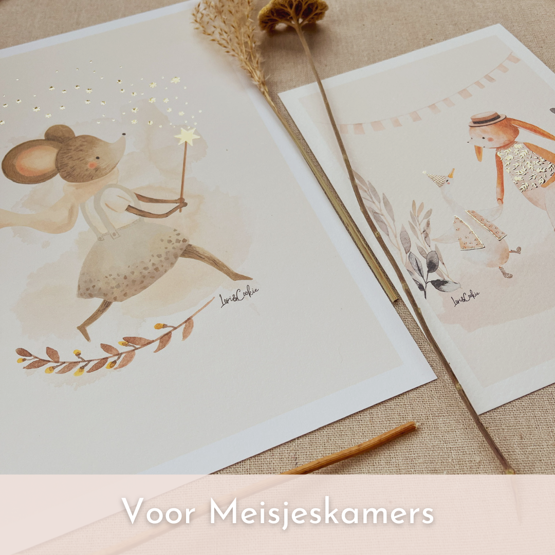 Meisjeskamer decoratie met goudfolie kinderkamer poster met muisje en toverstaf