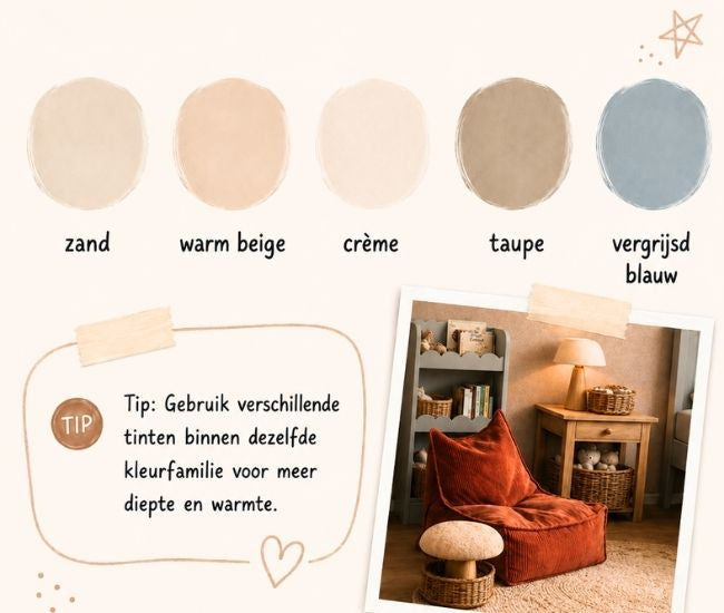 Kleine jongenskamer met slimme opbergruimte, zachte kleuren en speelse Scandinavische styling
