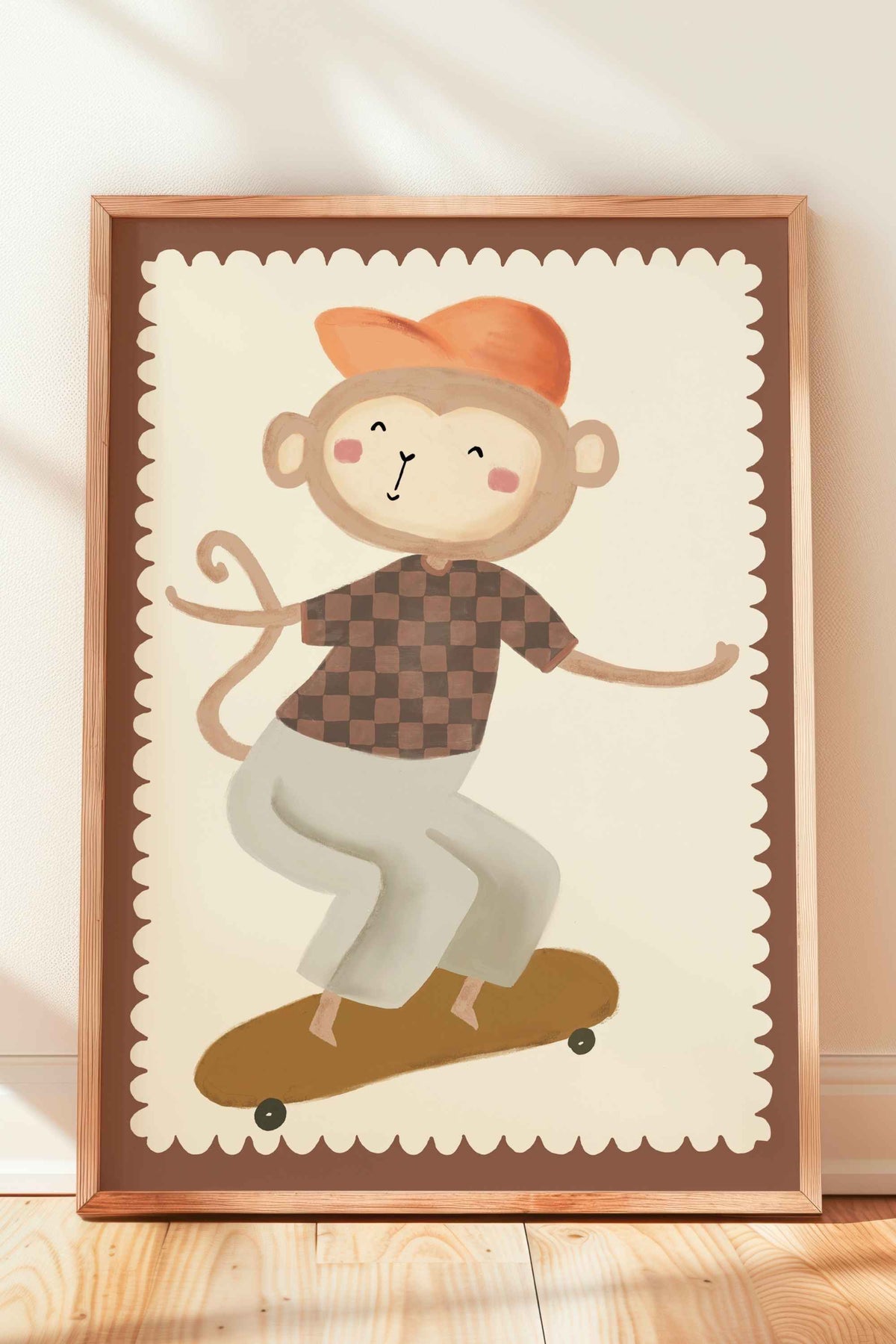 Kleurrijke handgeschilderde jongenskamerposter Aapje Skater Sam op skateboard