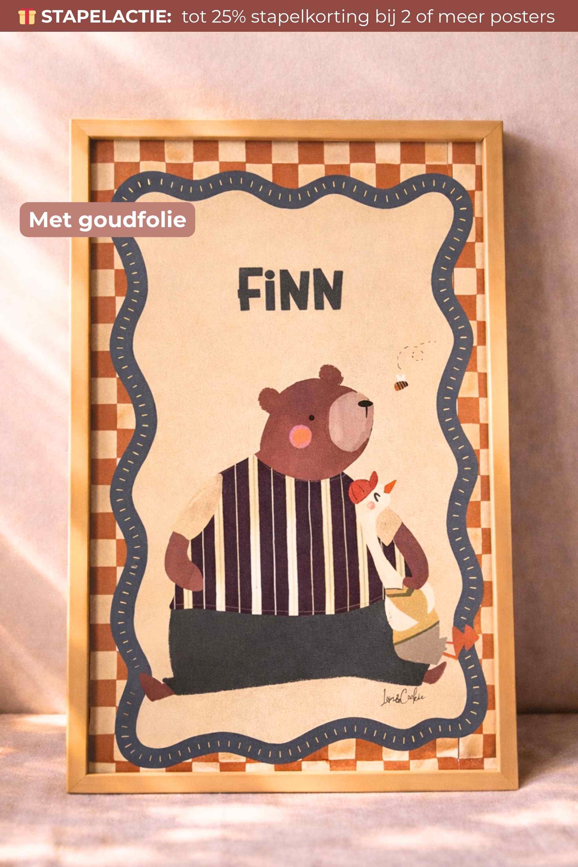 Gepersonaliseerde kinderkamerposter met beer en naam en met goudfolie details